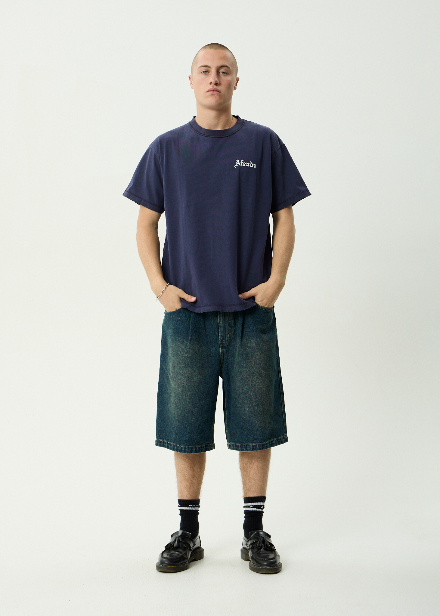 AFENDS Mens Shrine - Recycled Heavyweight Boxy Tee - Washed Deep Sea