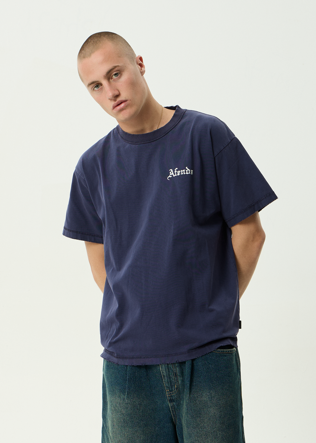 AFENDS Mens Shrine - Recycled Heavyweight Boxy Tee - Washed Deep Sea