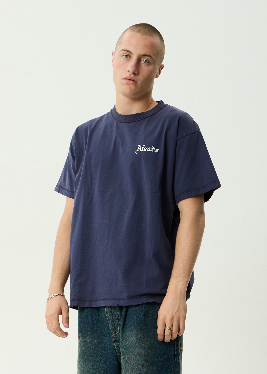 AFENDS Mens Shrine - Recycled Heavyweight Boxy Tee - Washed Deep Sea