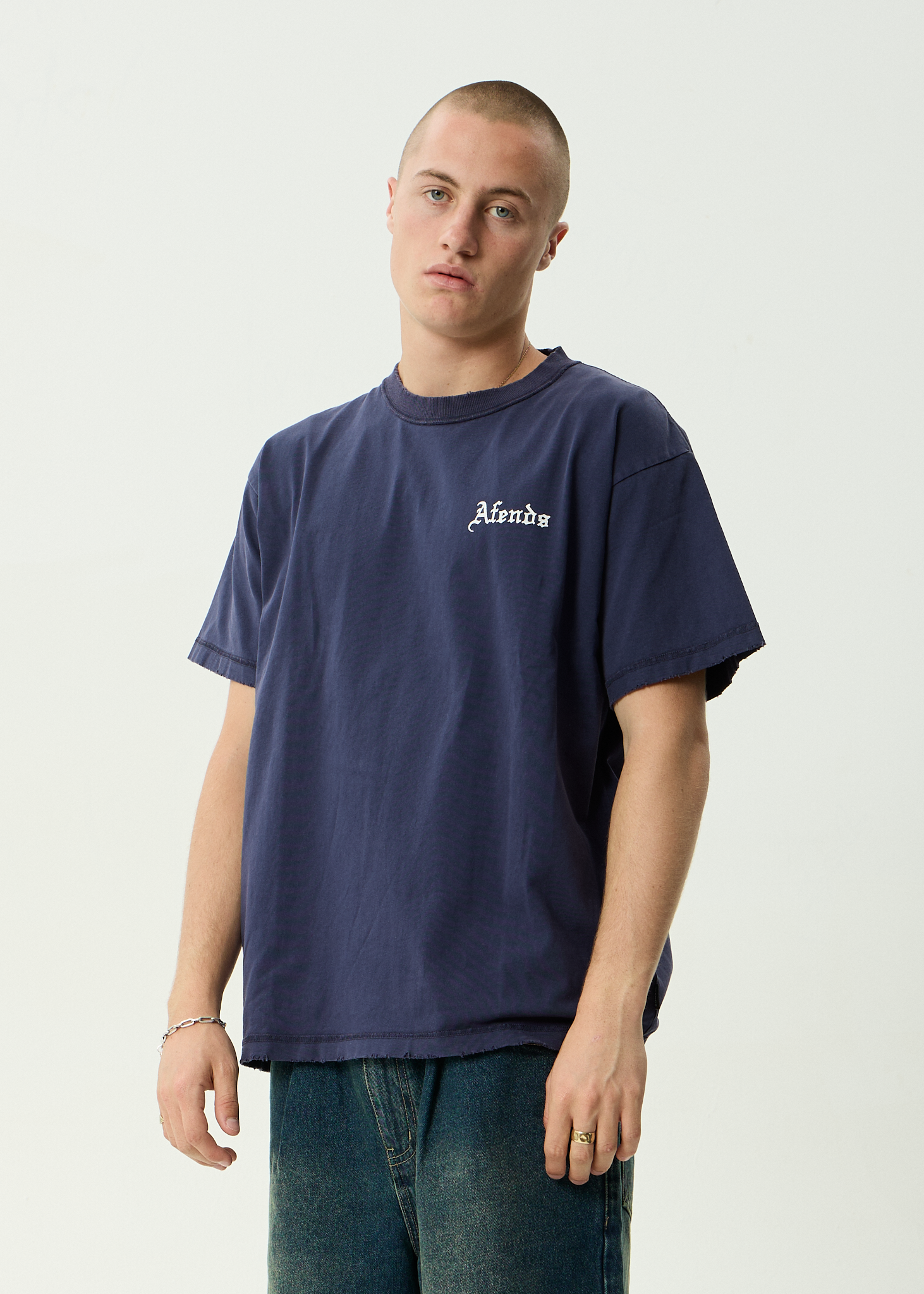 AFENDS Mens Shrine - Recycled Heavyweight Boxy Tee - Washed Deep Sea