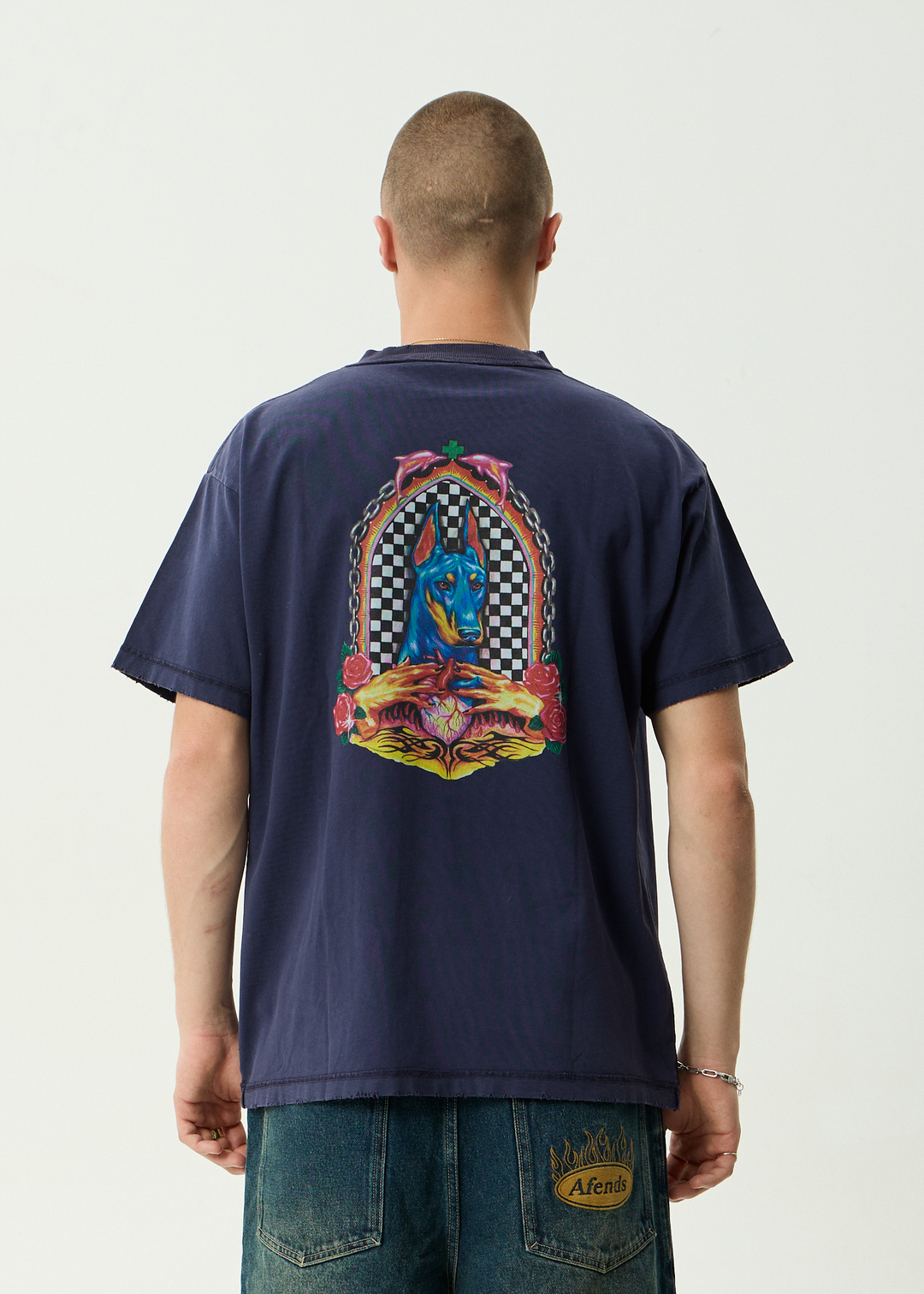AFENDS Mens Shrine - Recycled Heavyweight Boxy Tee - Washed Deep Sea