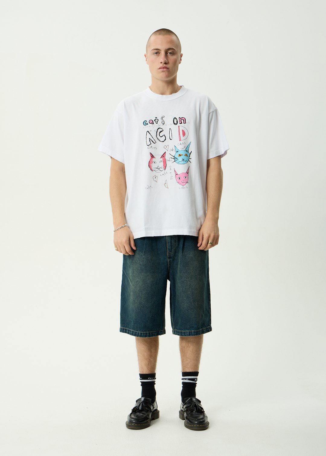AFENDS Mens Cats On Acid - Recycled Heavyweight Boxy Tee - White
