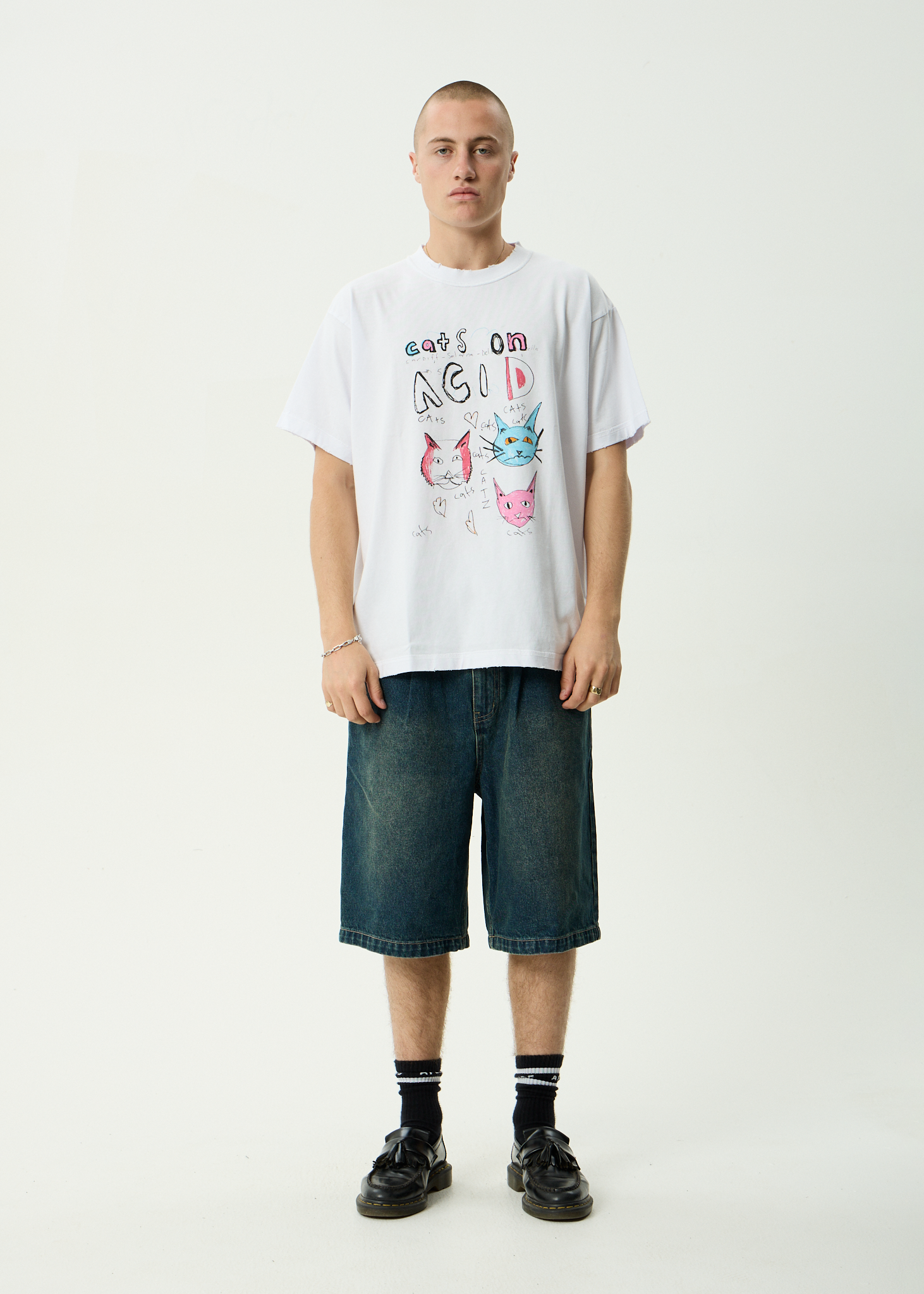 AFENDS Mens Cats On Acid - Recycled Heavyweight Boxy Tee - White
