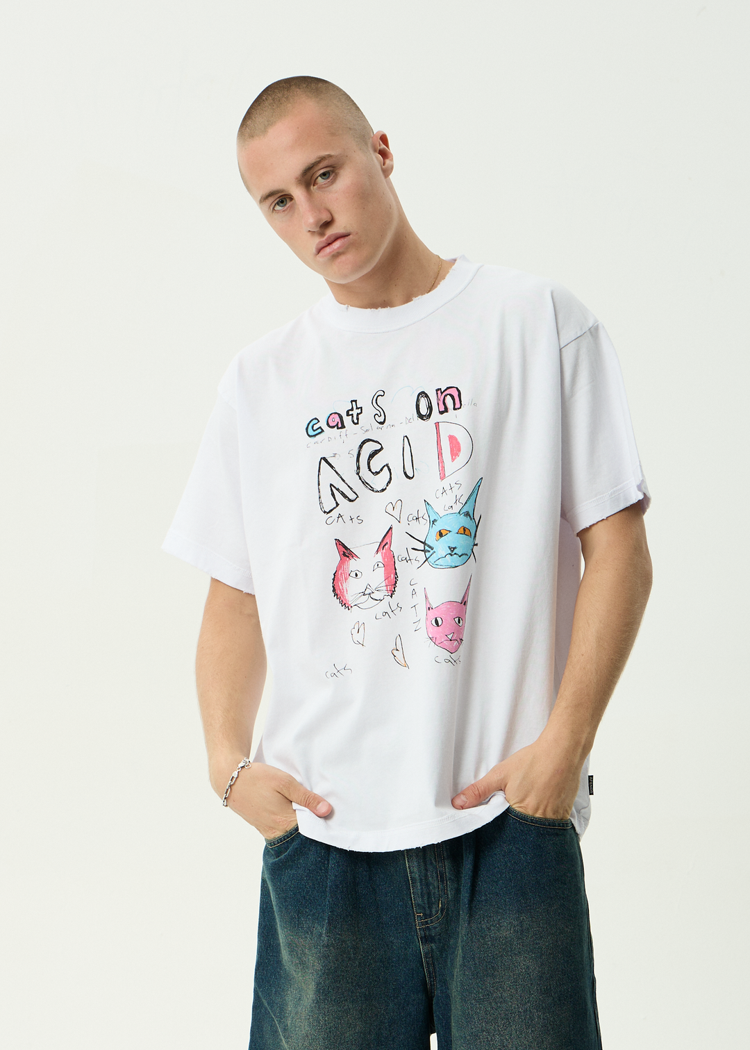 AFENDS Mens Cats On Acid - Recycled Heavyweight Boxy Tee - White