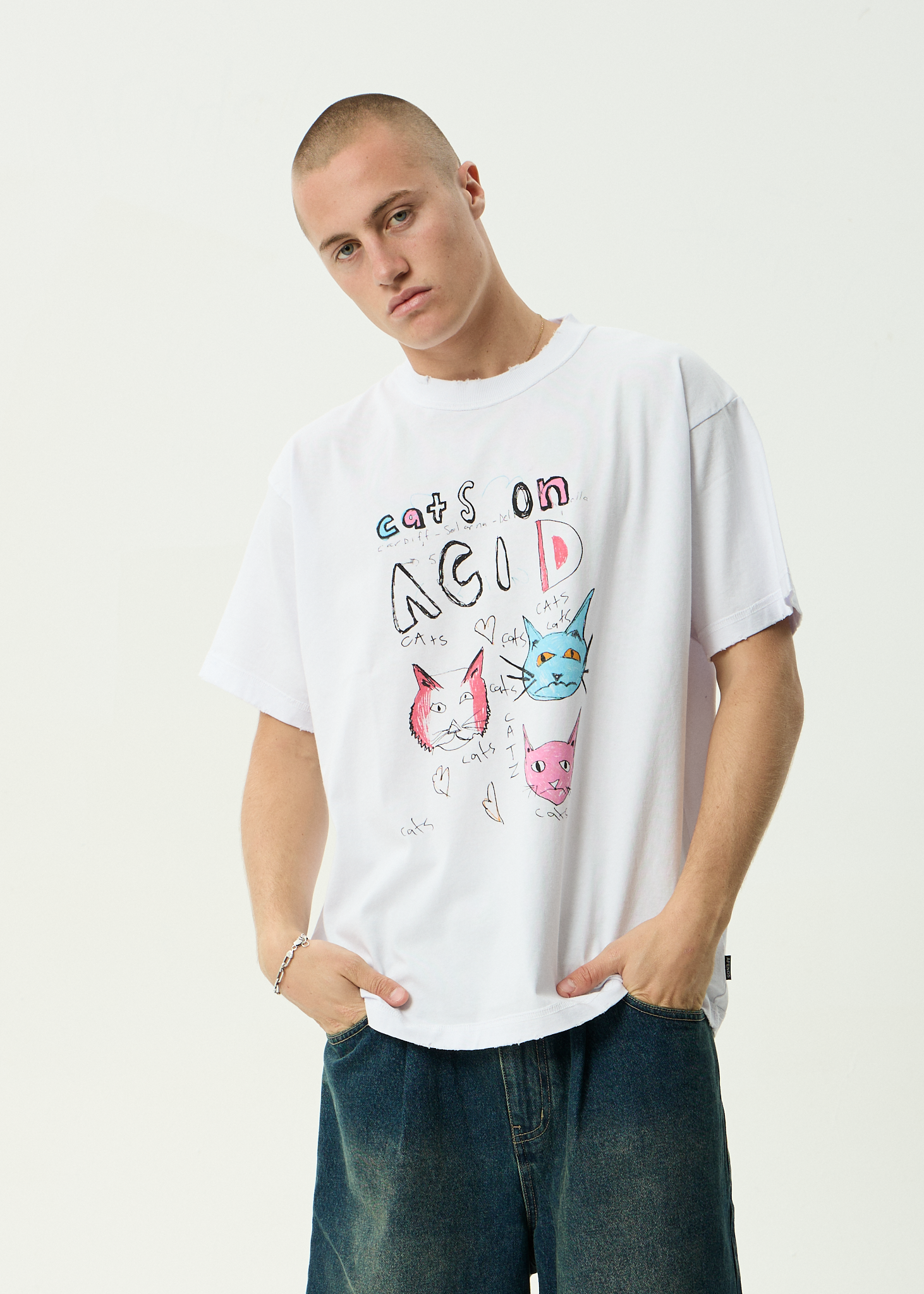 AFENDS Mens Cats On Acid - Recycled Heavyweight Boxy Tee - White