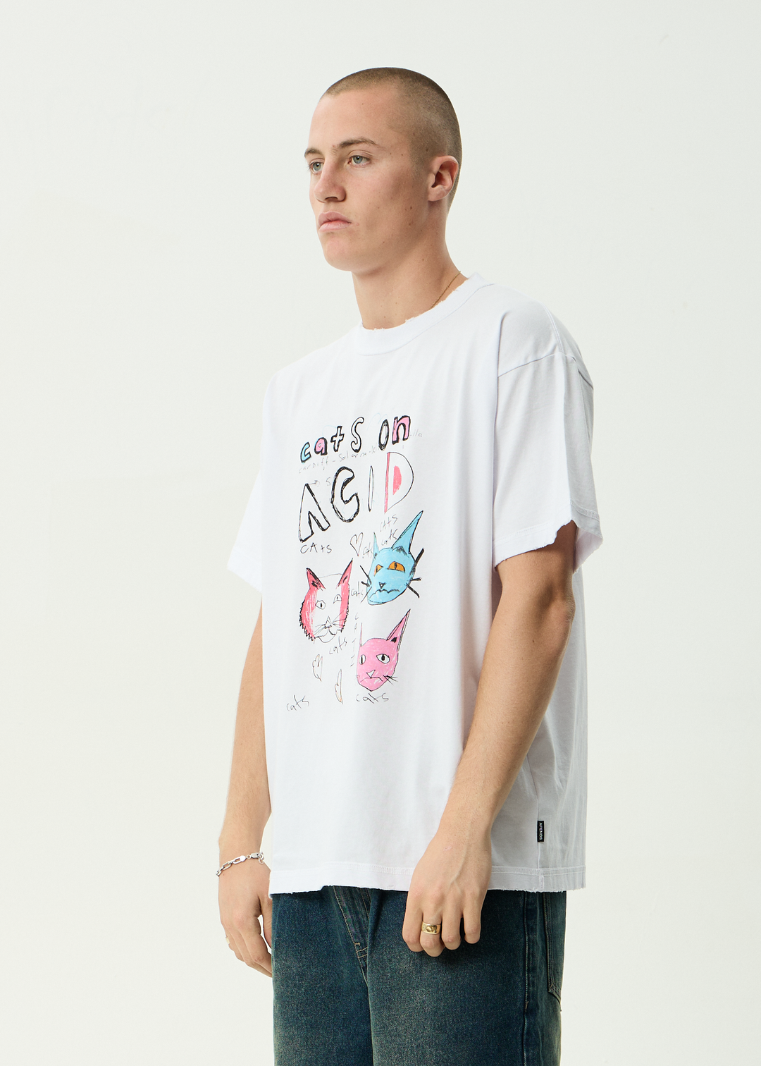 AFENDS Mens Cats On Acid - Recycled Heavyweight Boxy Tee - White