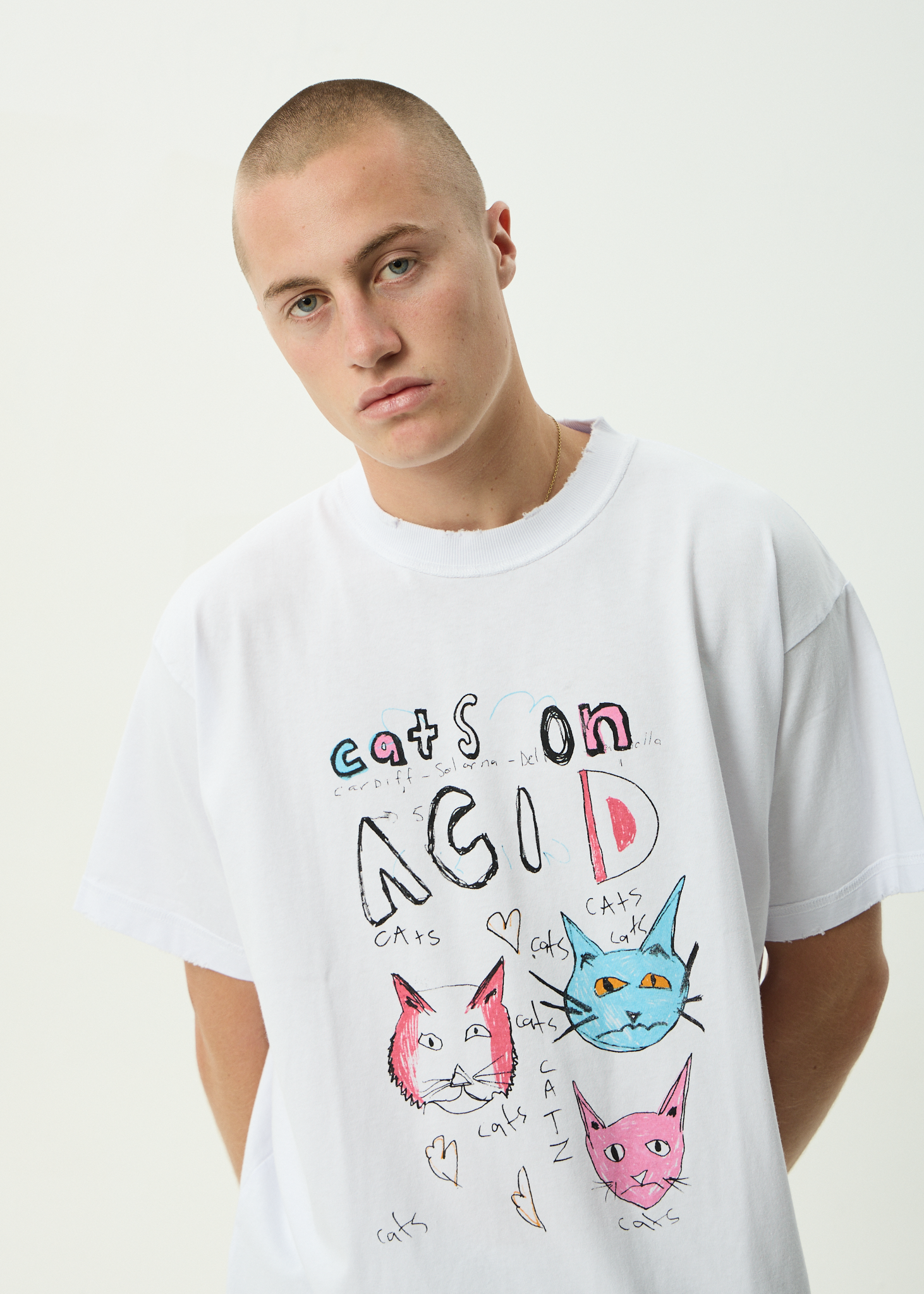 AFENDS Mens Cats On Acid - Recycled Heavyweight Boxy Tee - White