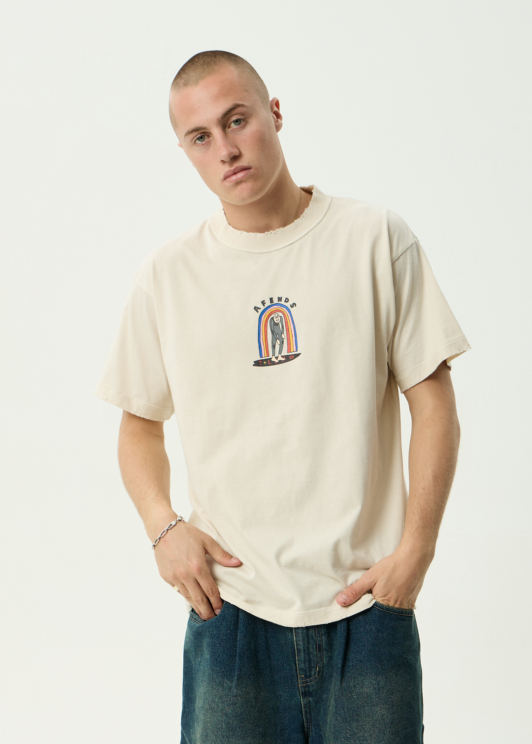 AFENDS Mens Jlord - Recycled Boxy Tee - Moonbeam