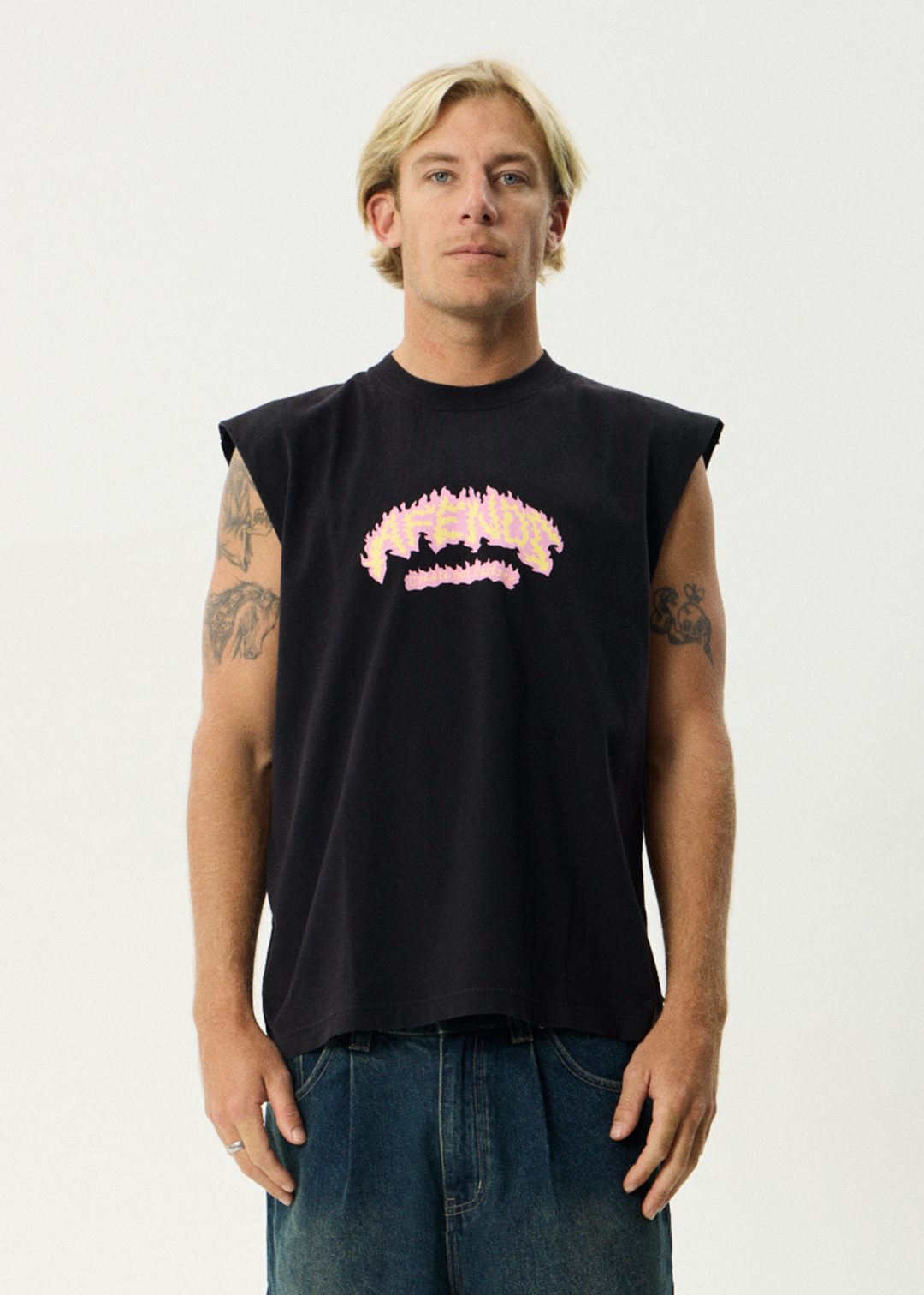 AFENDS Mens Flame On - Sleeveless Tee - Stone Black
