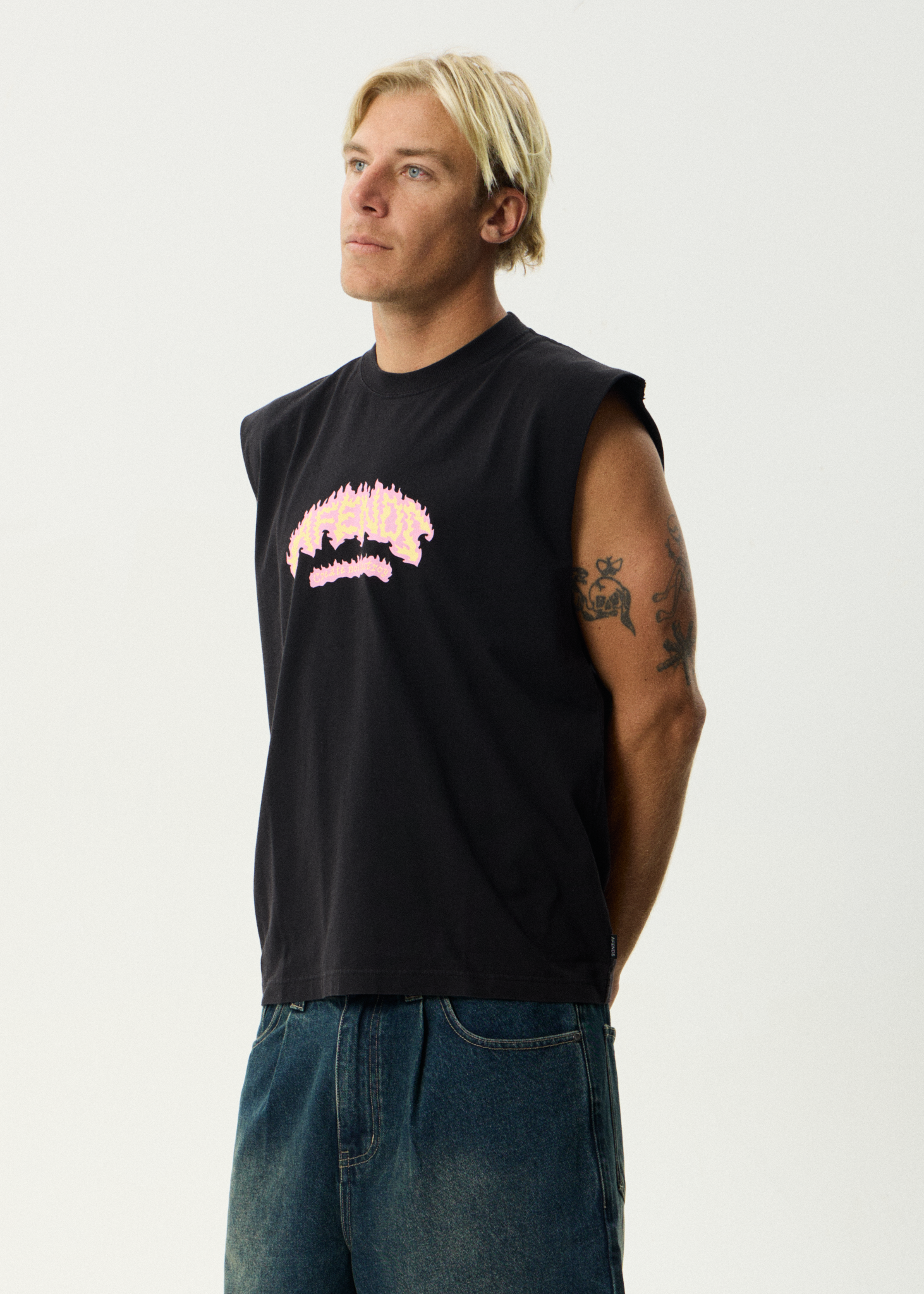 AFENDS Mens Flame On - Sleeveless Tee - Stone Black