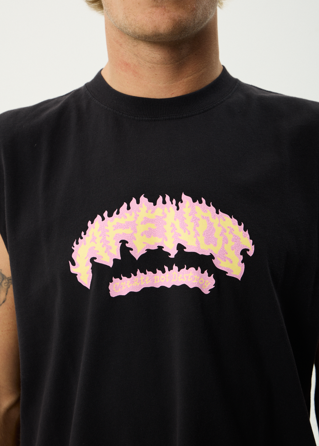 AFENDS Mens Flame On - Sleeveless Tee - Stone Black