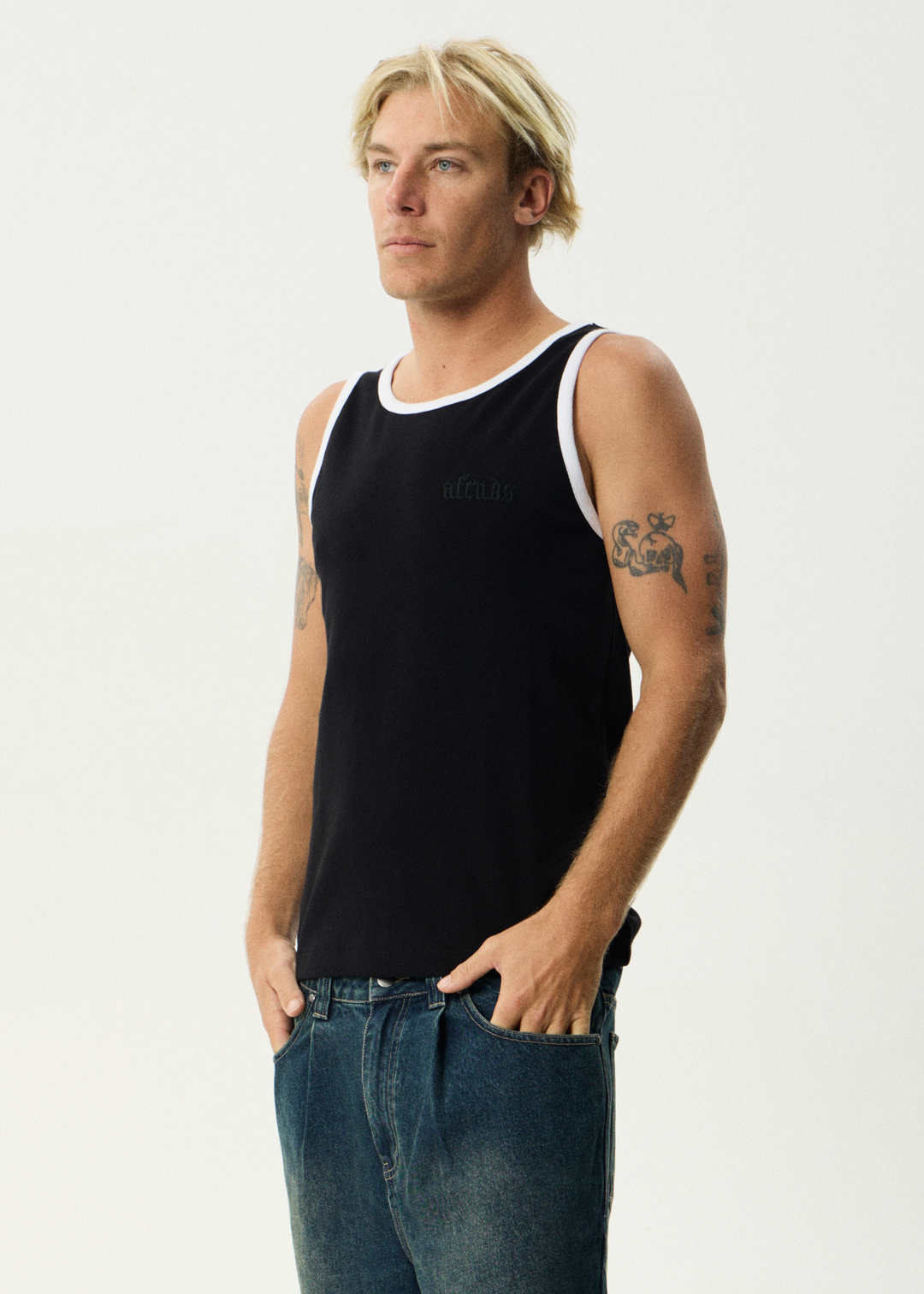 AFENDS Mens Drop Zone - Rib Singlet - Black / White