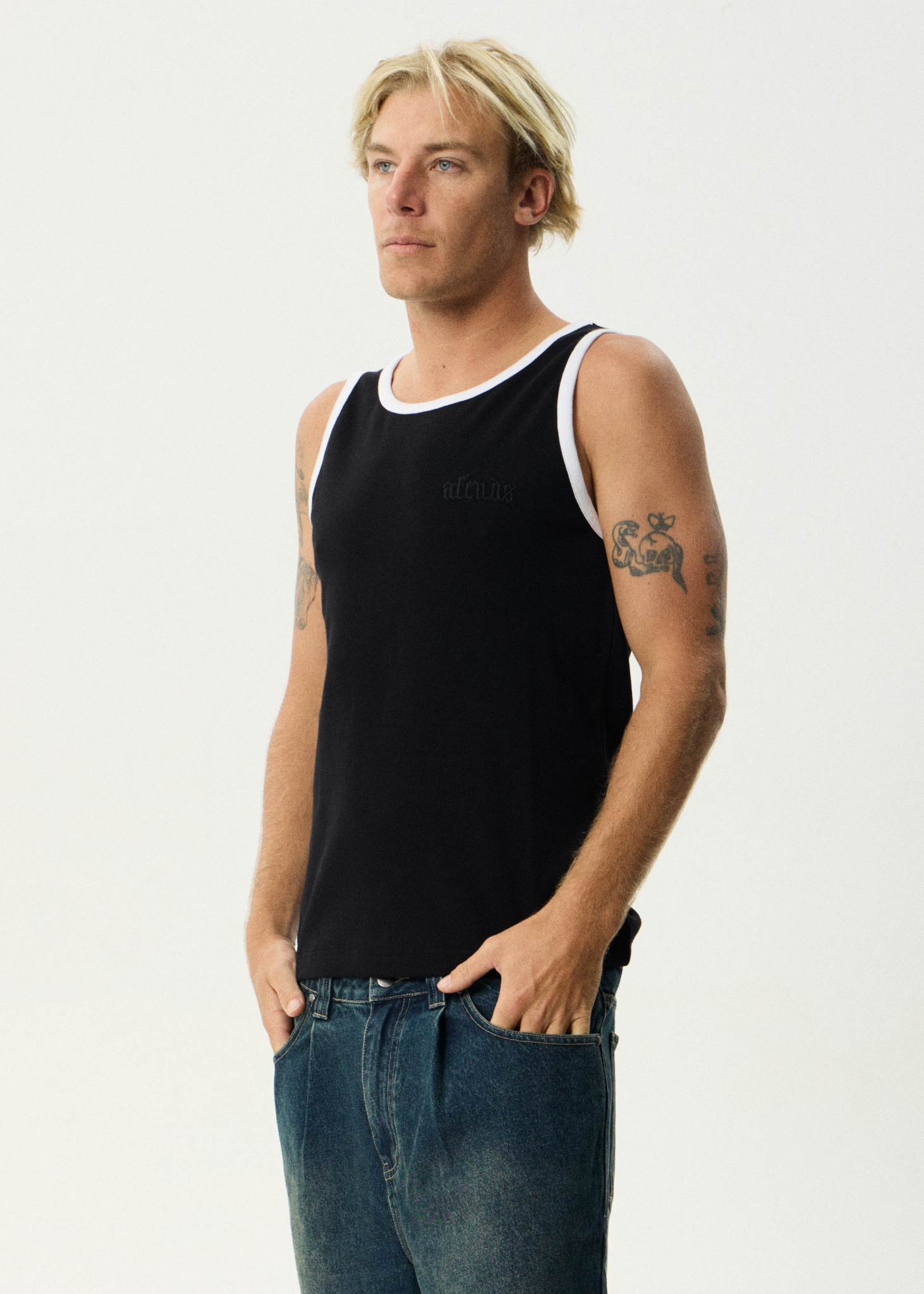 AFENDS Mens Drop Zone - Rib Singlet - Black / White