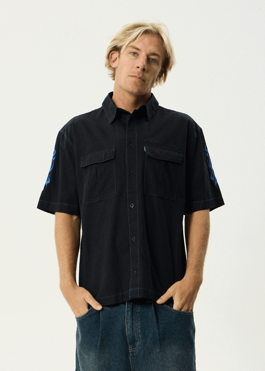 AFENDS Mens Utility - Short Sleeve Shirt - Black