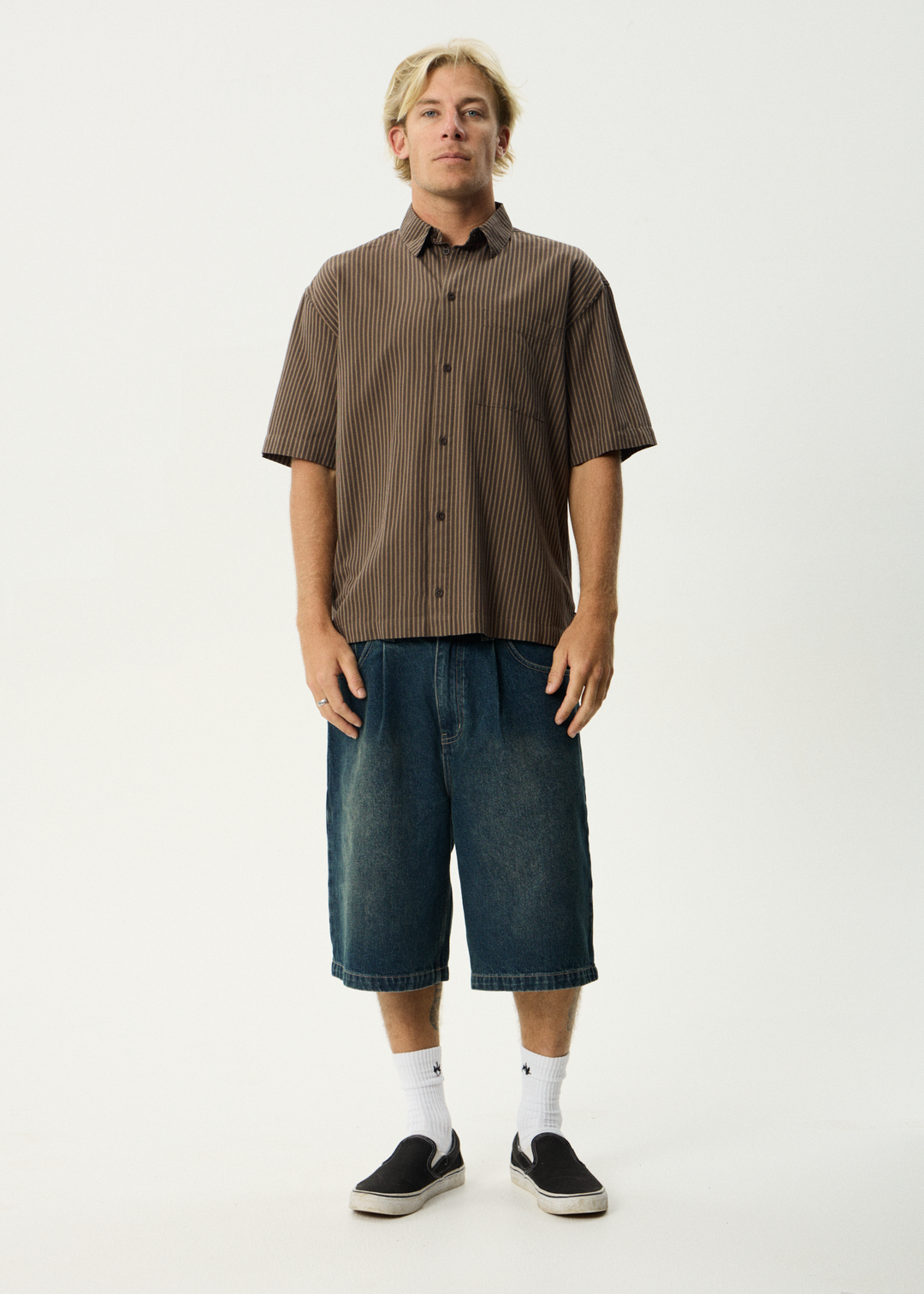 AFENDS Mens Cyrus - Short Sleeve Shirt - Coffee Stripe