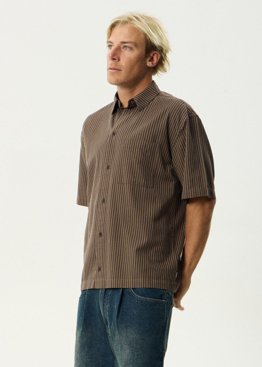 AFENDS Mens Cyrus - Short Sleeve Shirt - Coffee Stripe