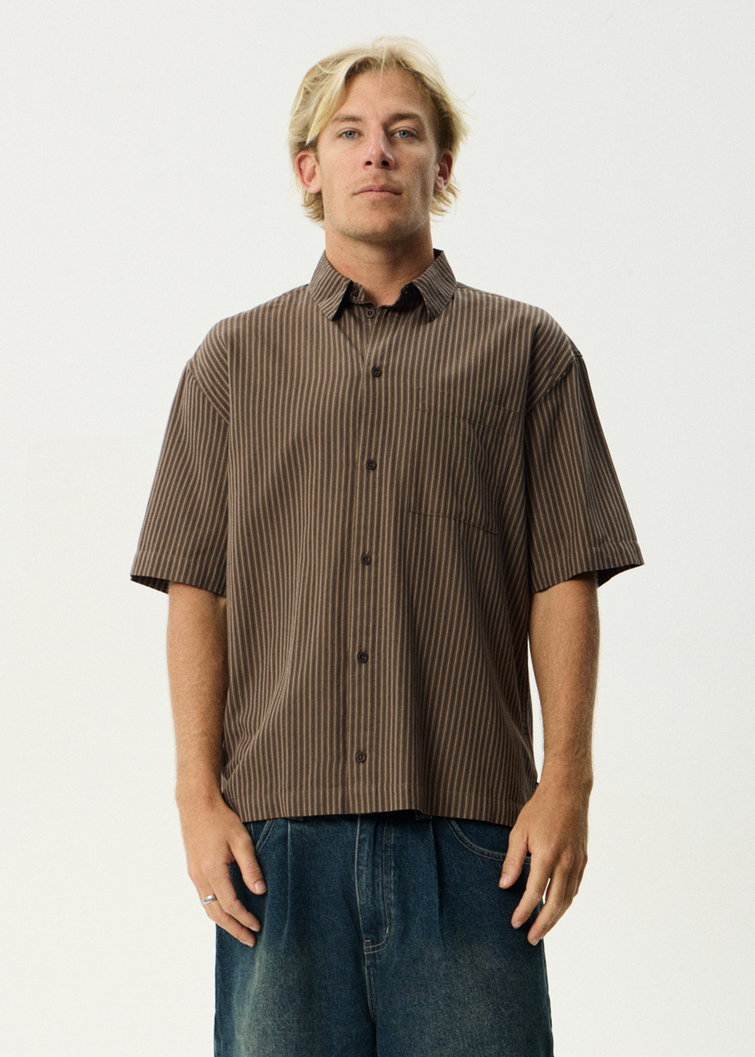 AFENDS Mens Cyrus - Short Sleeve Shirt - Coffee Stripe