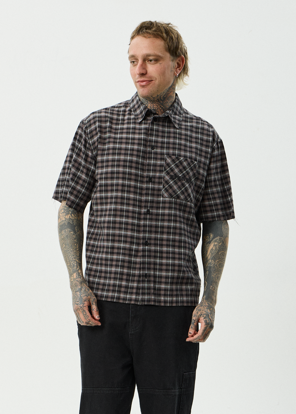 AFENDS Mens Darkness - Short Sleeve Shirt - Black Check