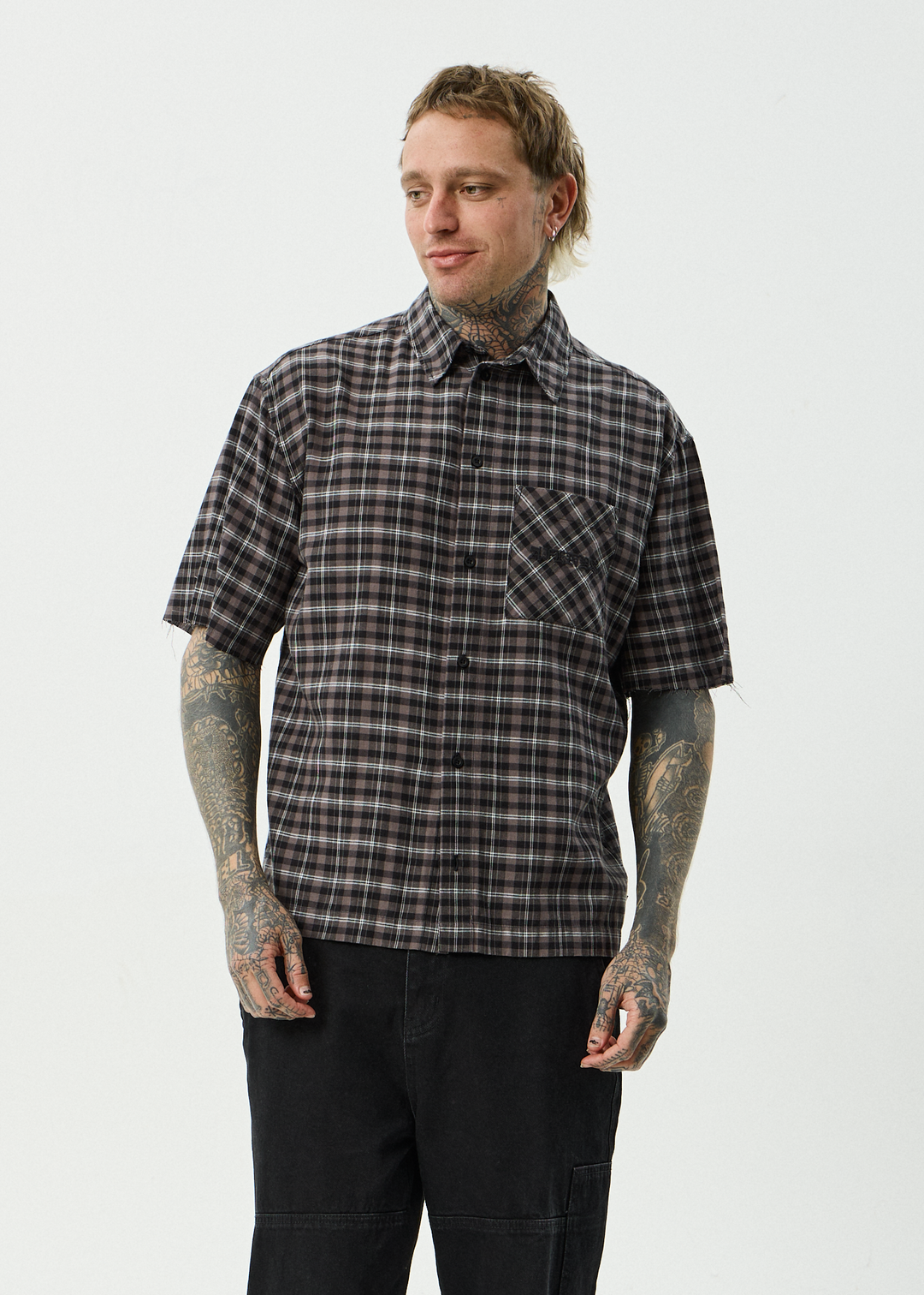 AFENDS Mens Darkness - Short Sleeve Shirt - Black Check
