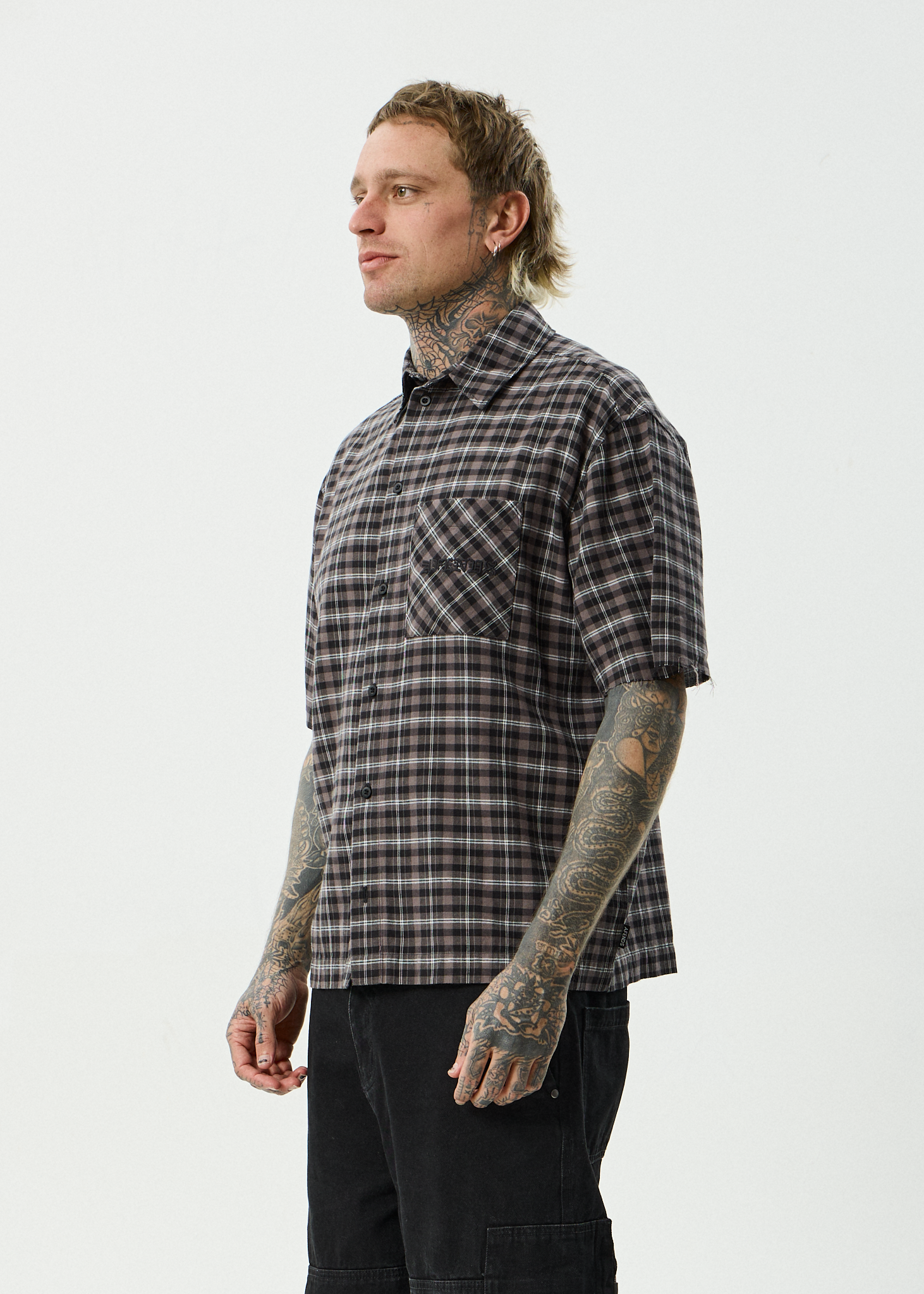 AFENDS Mens Darkness - Short Sleeve Shirt - Black Check