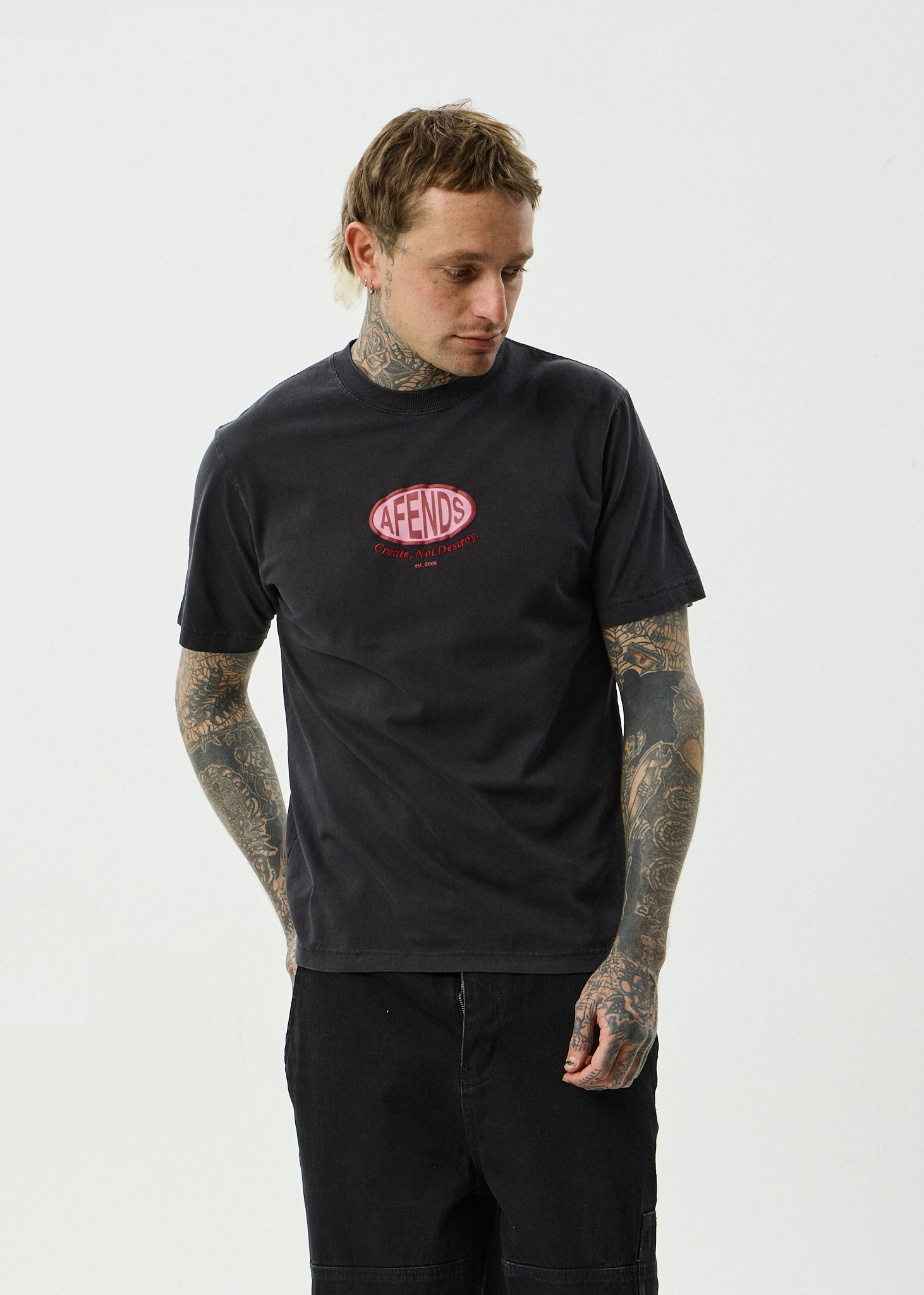 AFENDS Mens Destroyed - Recycled Retro Fit Tee - Stone Black