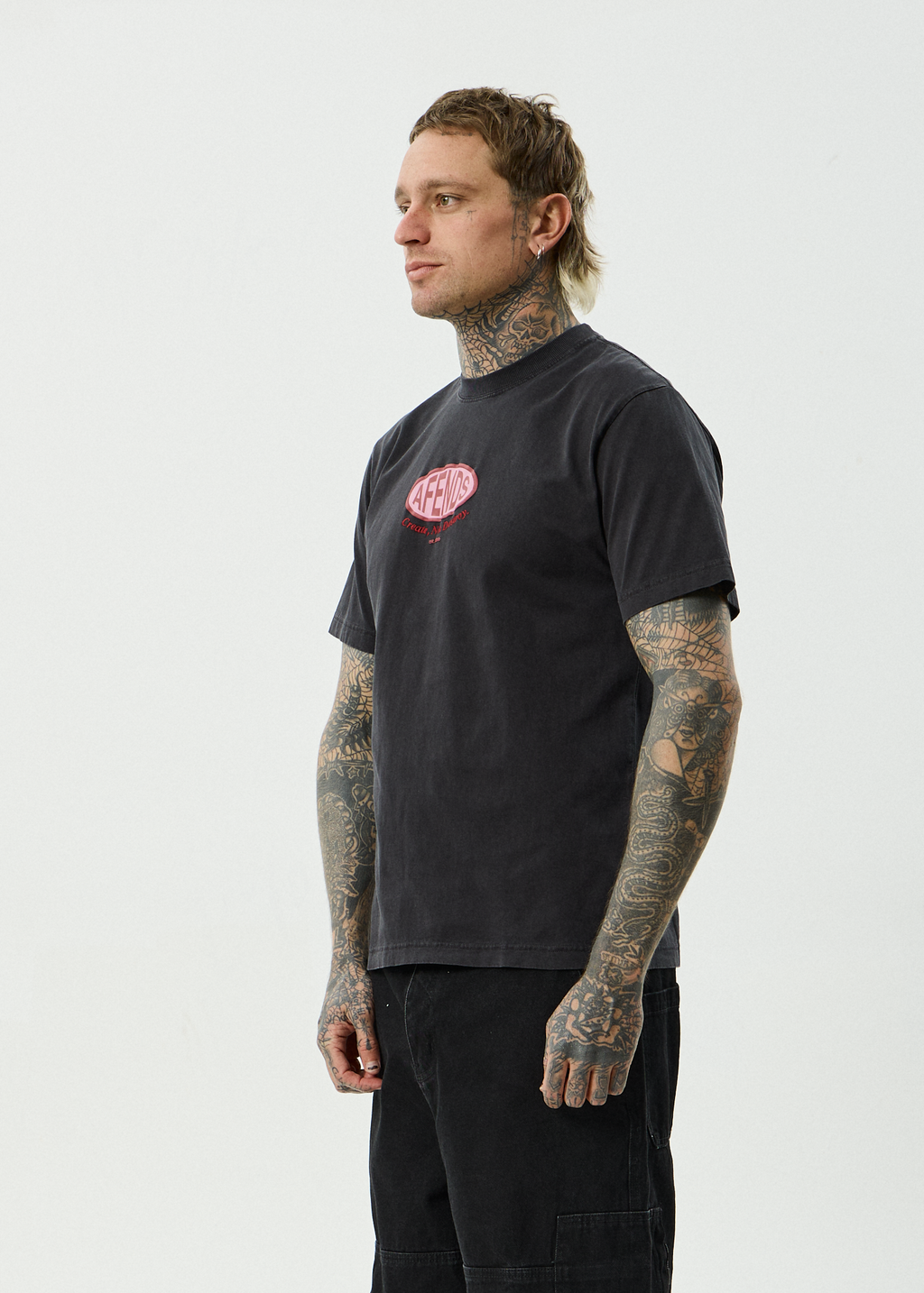 AFENDS Mens Destroyed - Recycled Retro Fit Tee - Stone Black