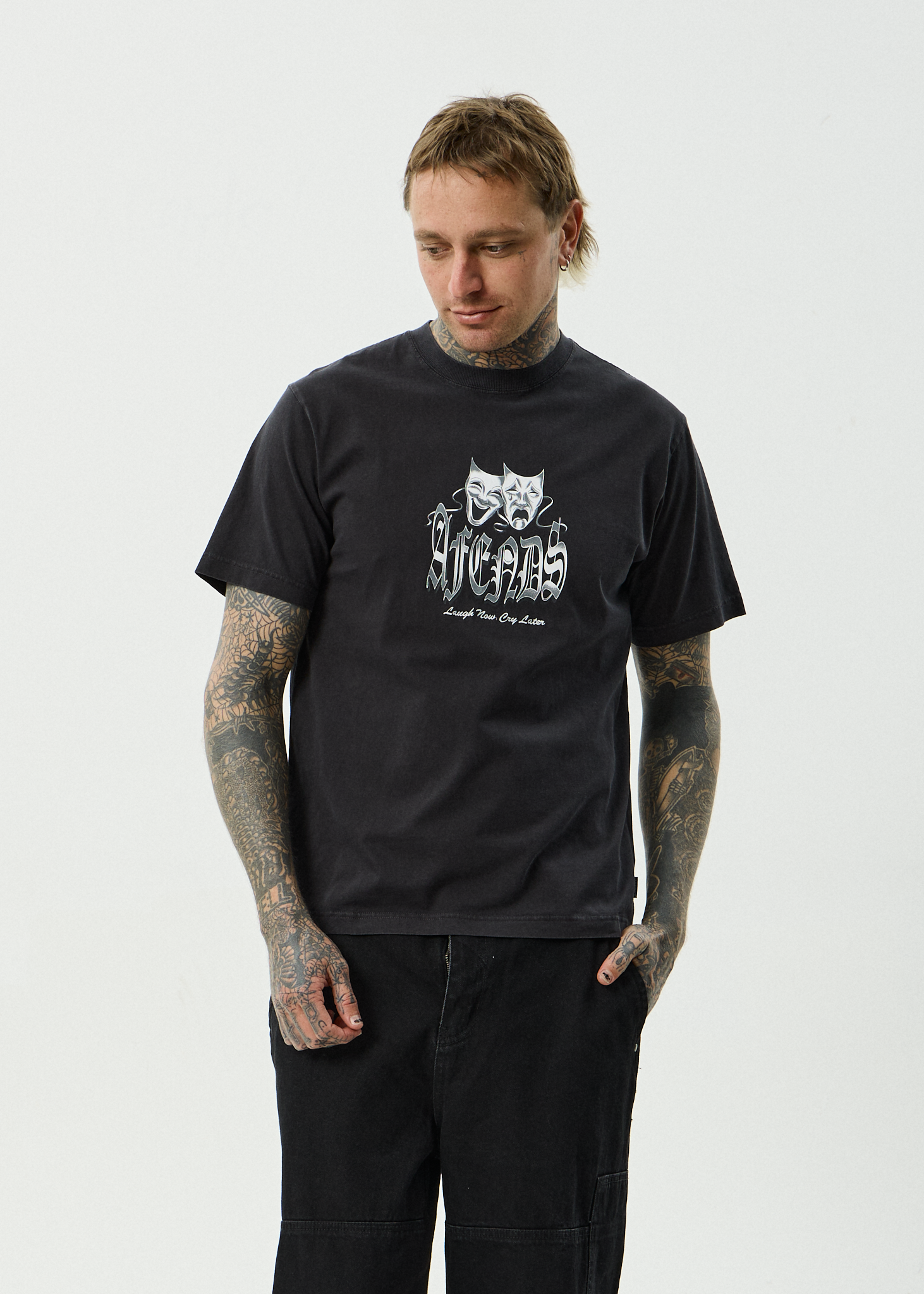 AFENDS Mens Cry Later - Recycled Retro Fit Tee - Stone Black