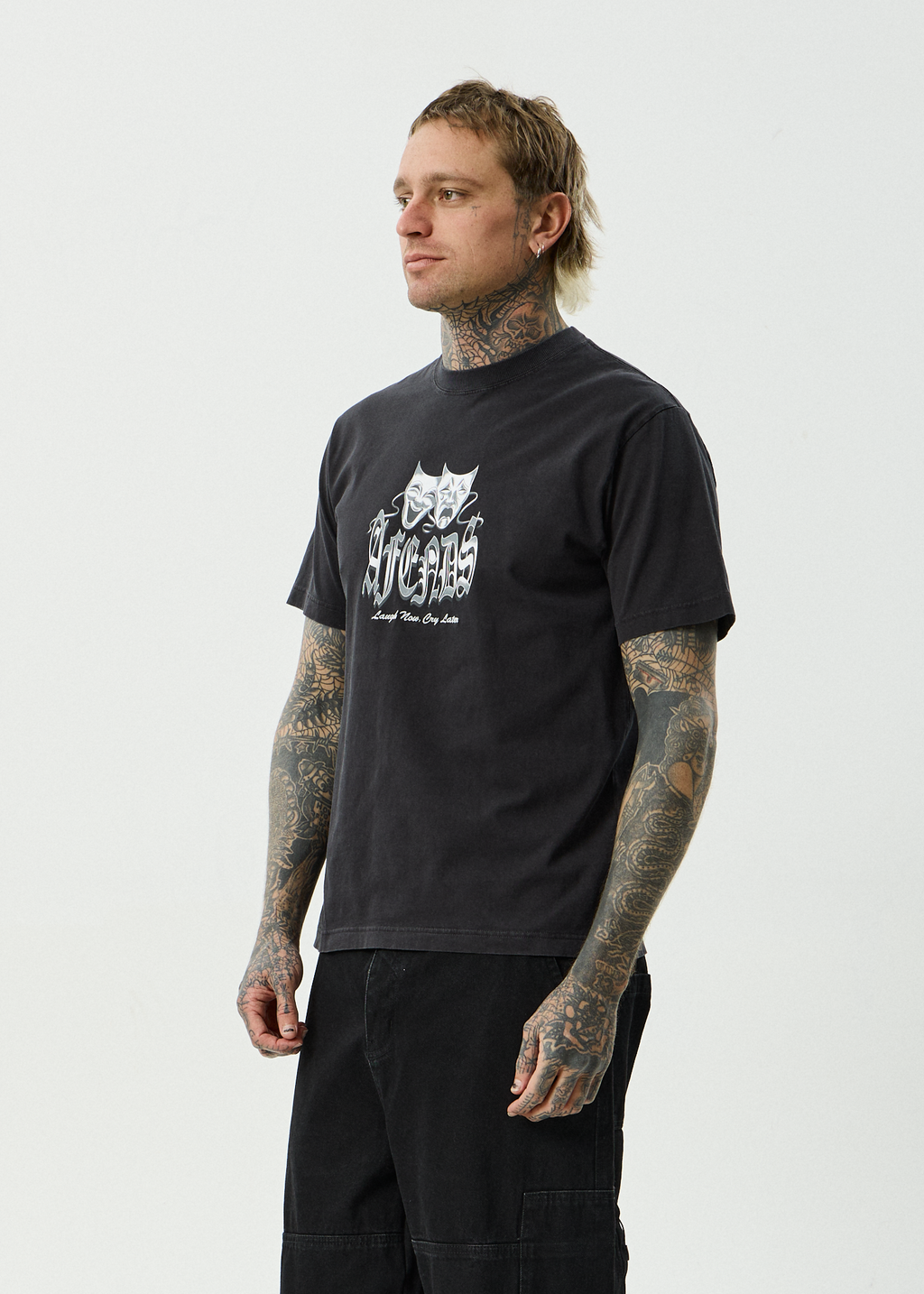 AFENDS Mens Cry Later - Recycled Retro Fit Tee - Stone Black