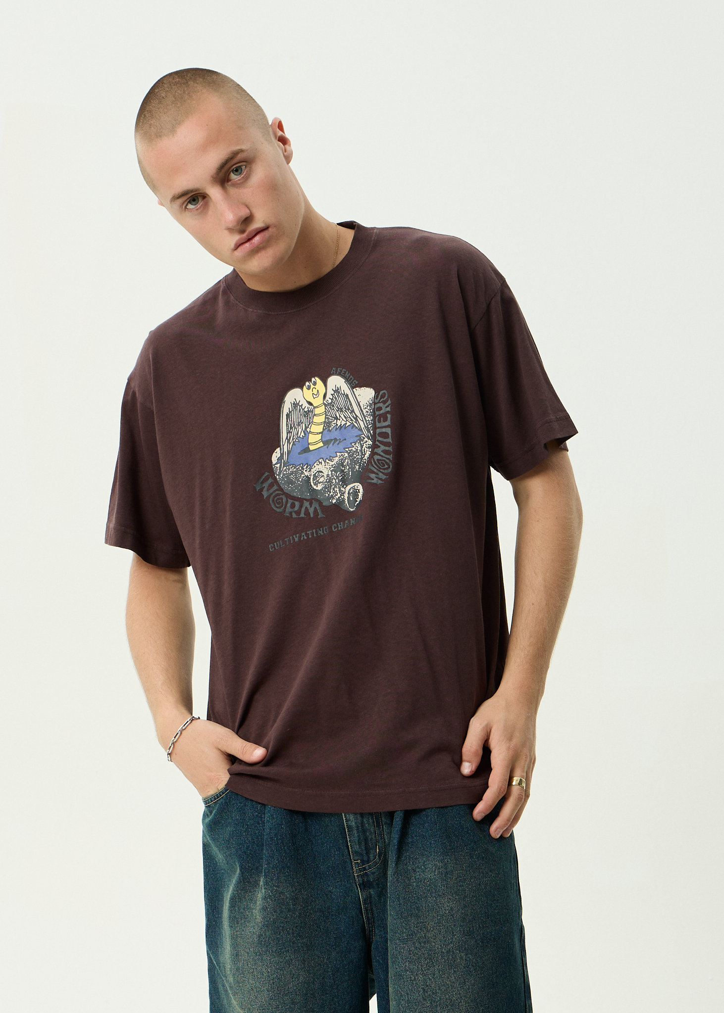 AFENDS Mens Wonders - Boxy Tee - Washed Coffee