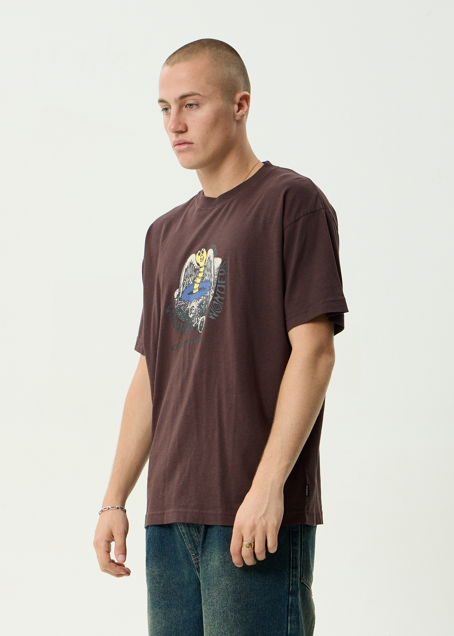 AFENDS Mens Wonders - Boxy Tee - Washed Coffee