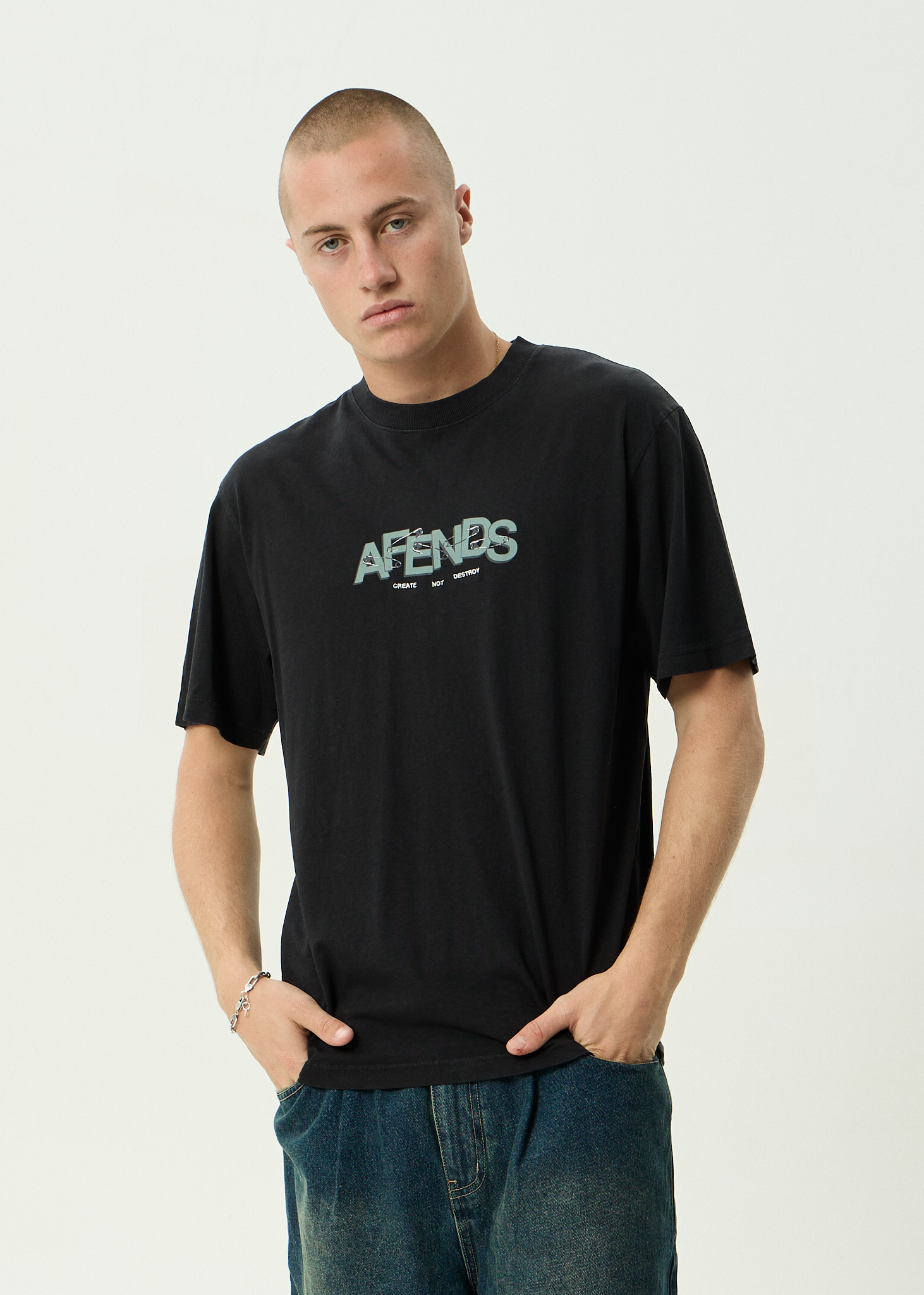 AFENDS Mens Safety - Hemp Retro Fit Tee - Stone Black