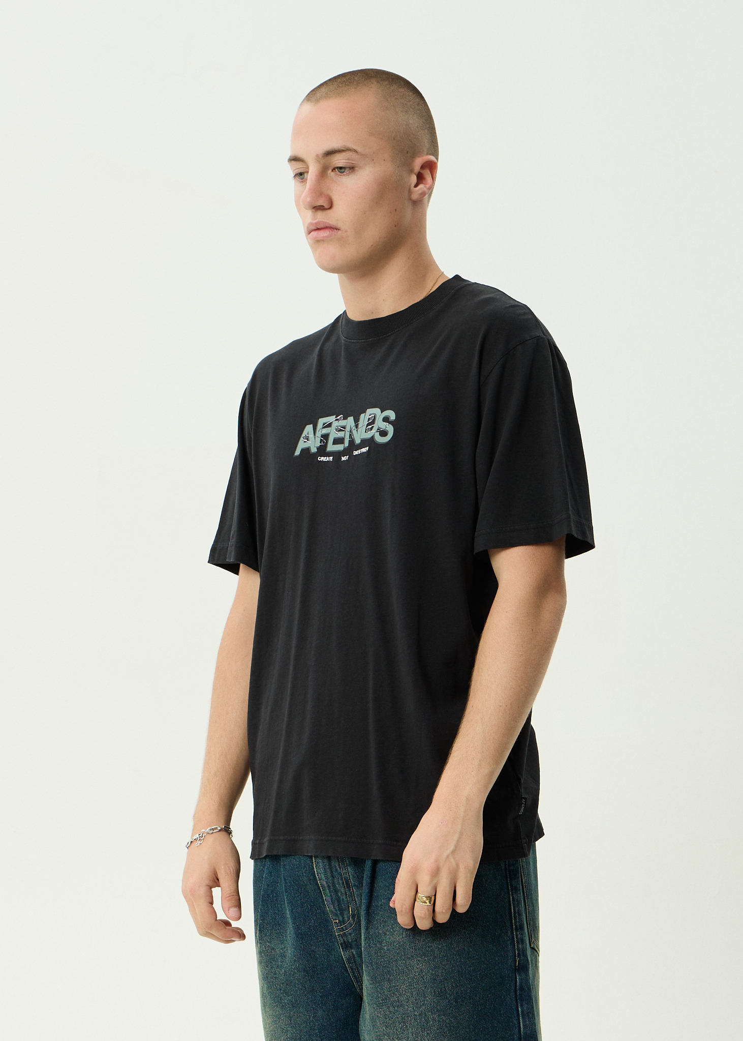 AFENDS Mens Safety - Hemp Retro Fit Tee - Stone Black