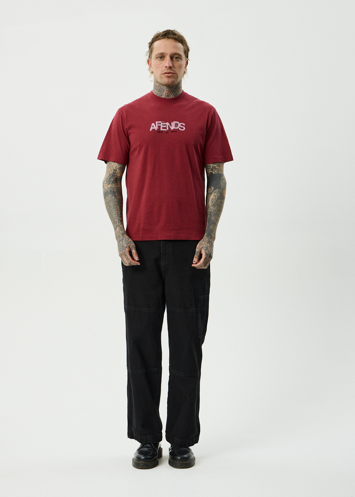 AFENDS Mens Safety - Hemp Retro Fit Tee - Washed Burgundy