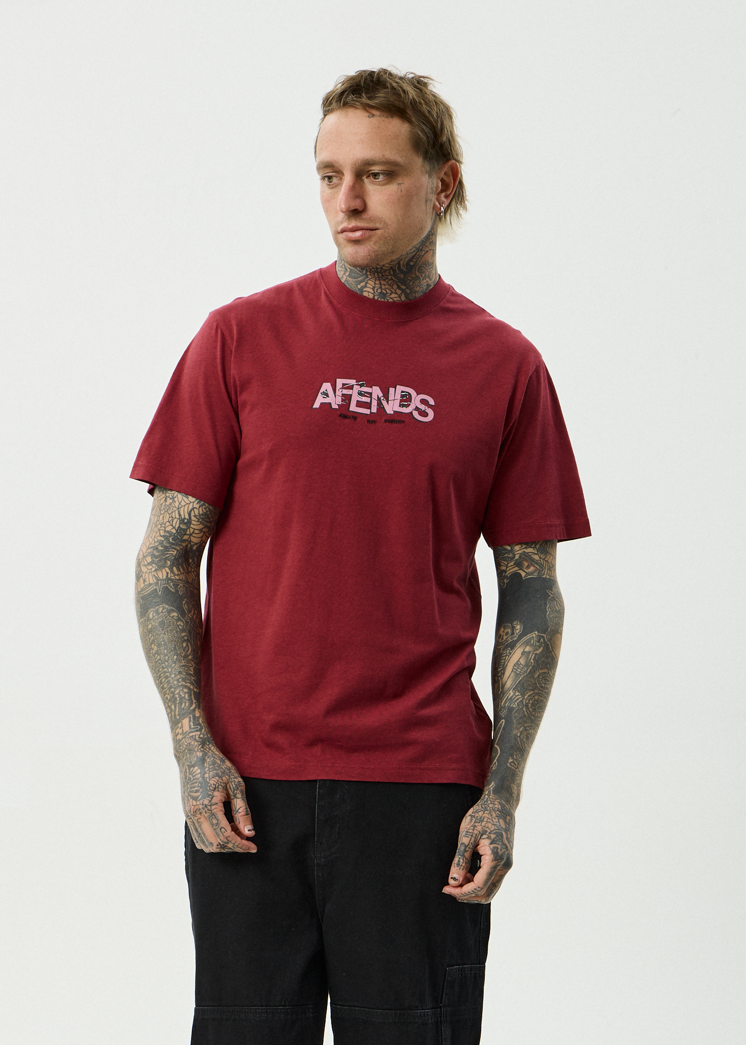 AFENDS Mens Safety - Hemp Retro Fit Tee - Washed Burgundy