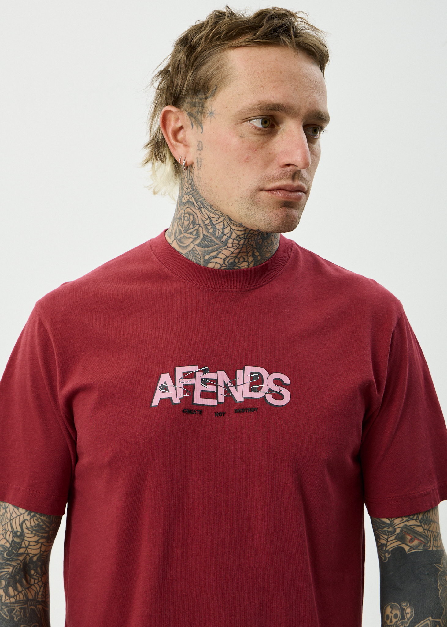 AFENDS Mens Safety - Hemp Retro Fit Tee - Washed Burgundy