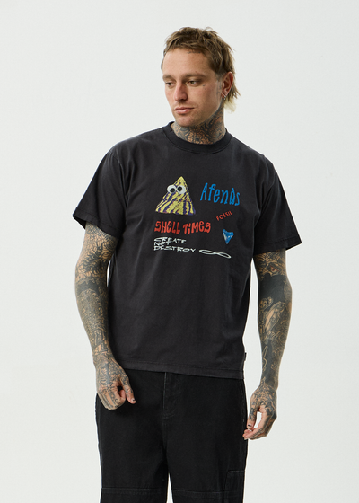 AFENDS Mens Shell Times - Recycled Boxy Fit Tee - Stone Black