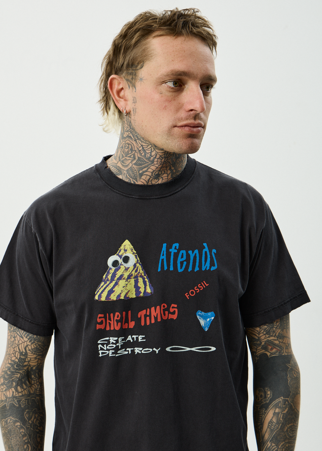 AFENDS Mens Shell Times - Recycled Boxy Fit Tee - Stone Black