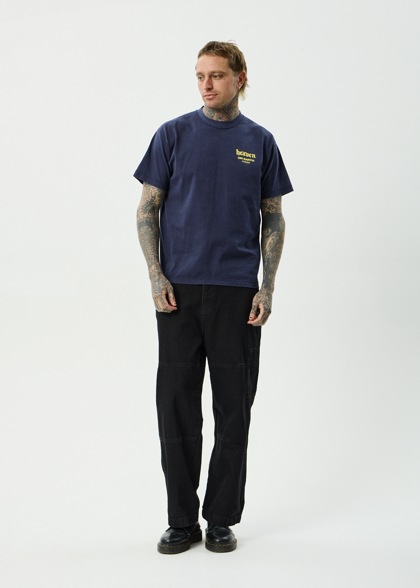 AFENDS Mens Heaven - Recycled Heavyweight Boxy Fit Tee - Washed Deep Sea