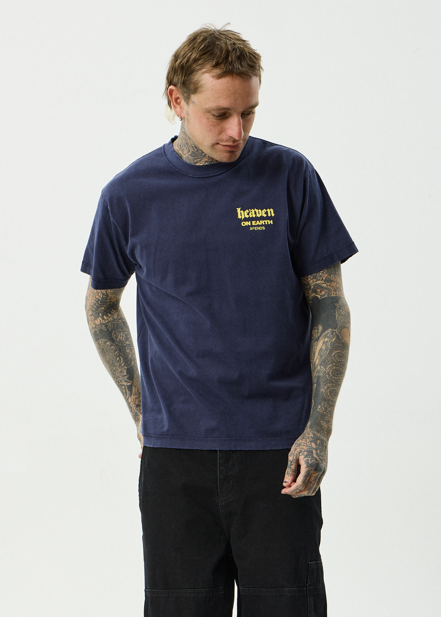 AFENDS Mens Heaven - Recycled Heavyweight Boxy Fit Tee - Washed Deep Sea