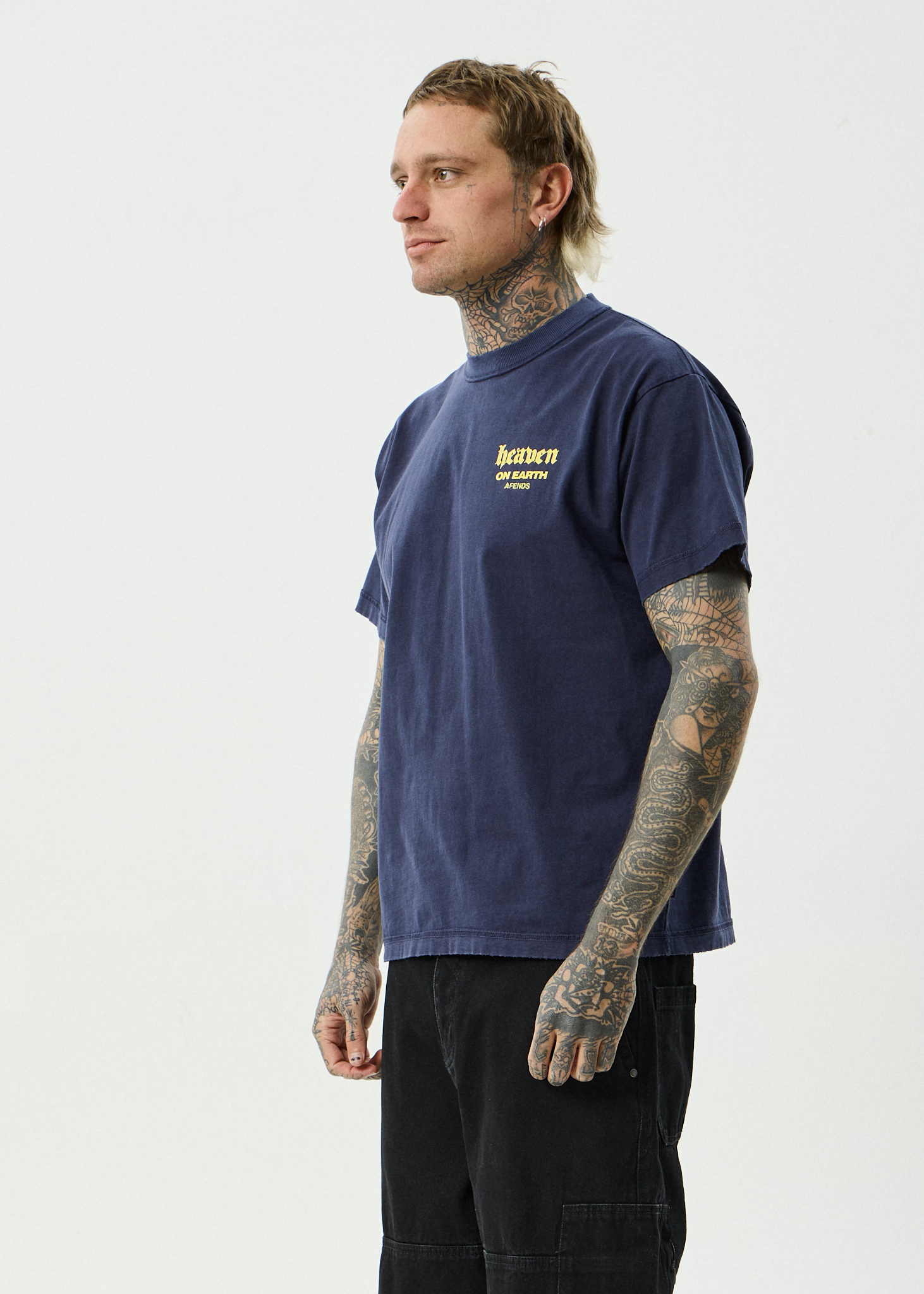 AFENDS Mens Heaven - Recycled Heavyweight Boxy Fit Tee - Washed Deep Sea