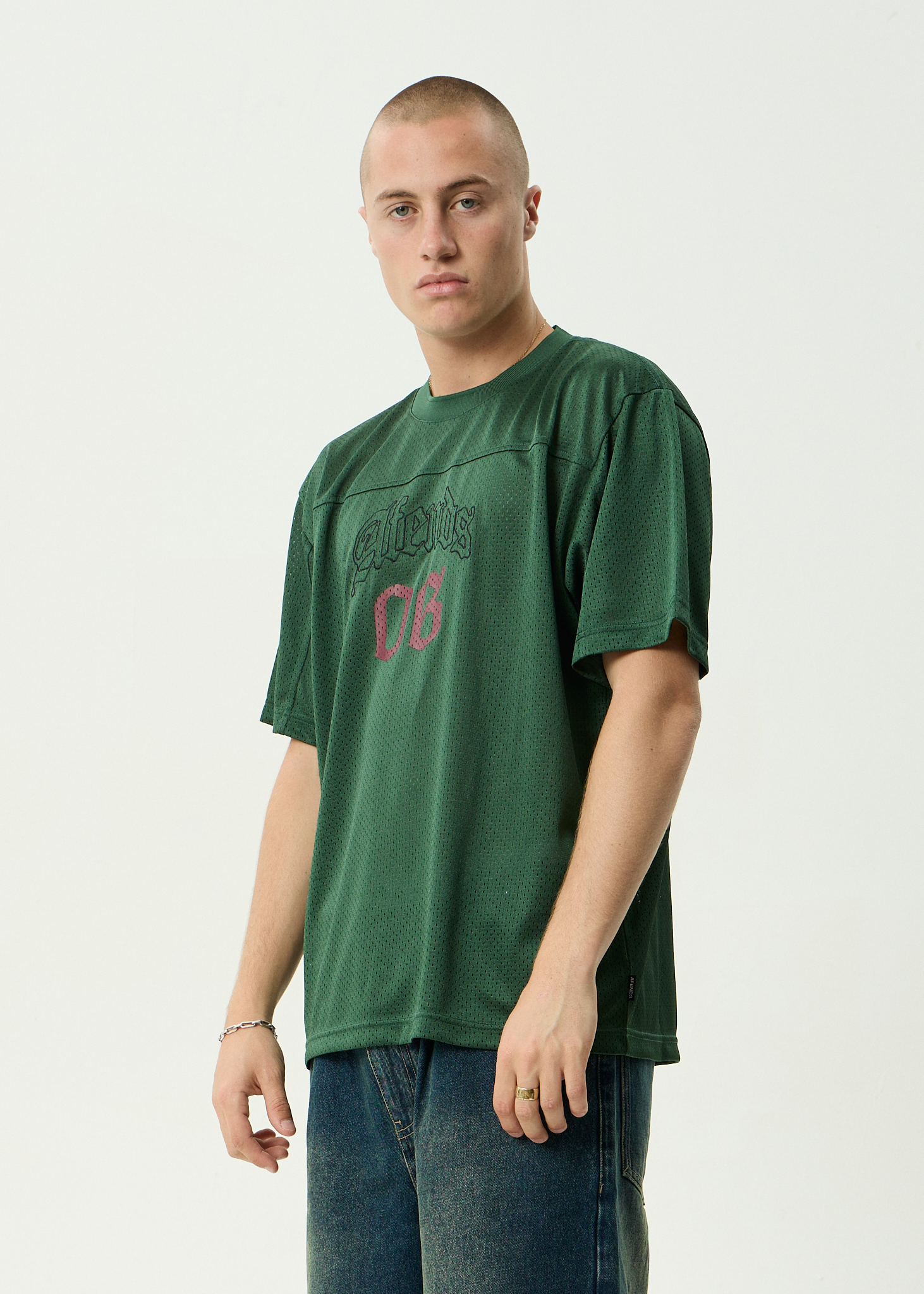 AFENDS Mens Zero Six - Mesh Jersey Boxy Tee - Pine