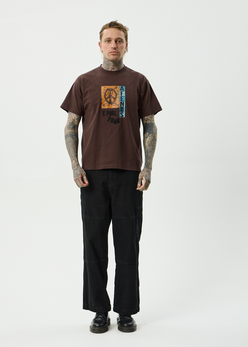 AFENDS Mens Feel Free - Boxy Tee - Washed Coffee