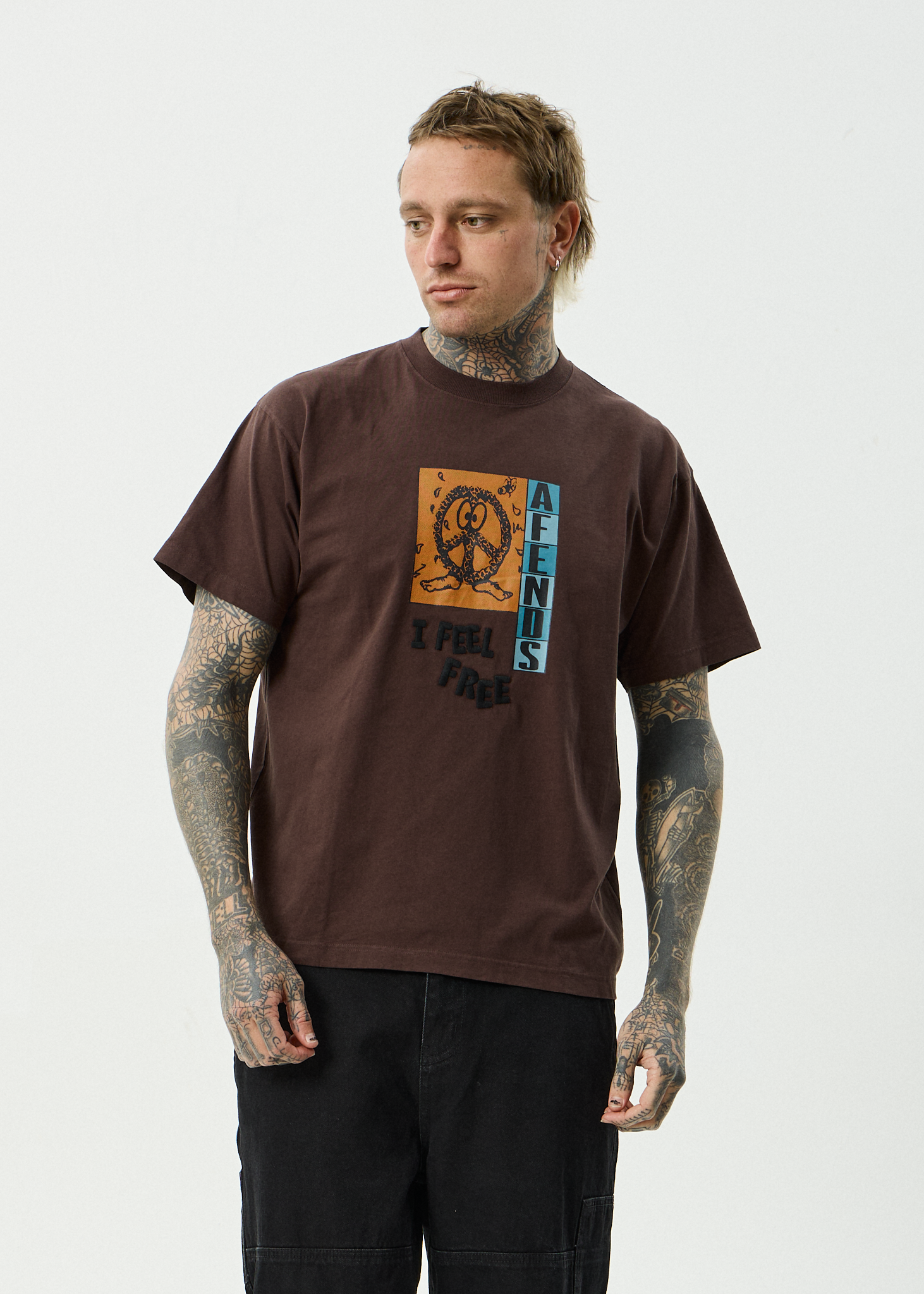 AFENDS Mens Feel Free - Boxy Tee - Washed Coffee