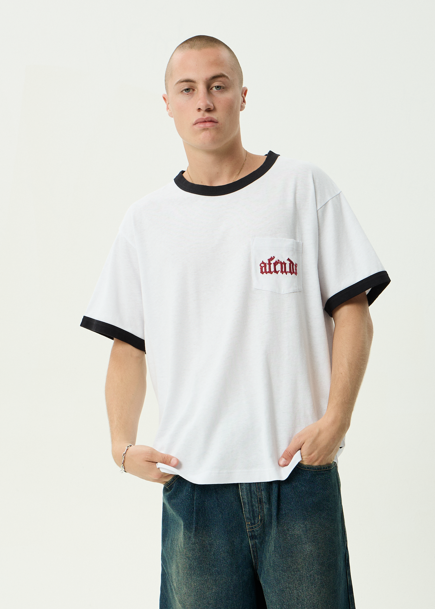 AFENDS Mens Drop Zone - Hemp Boxy Ringer Fit Tee - White