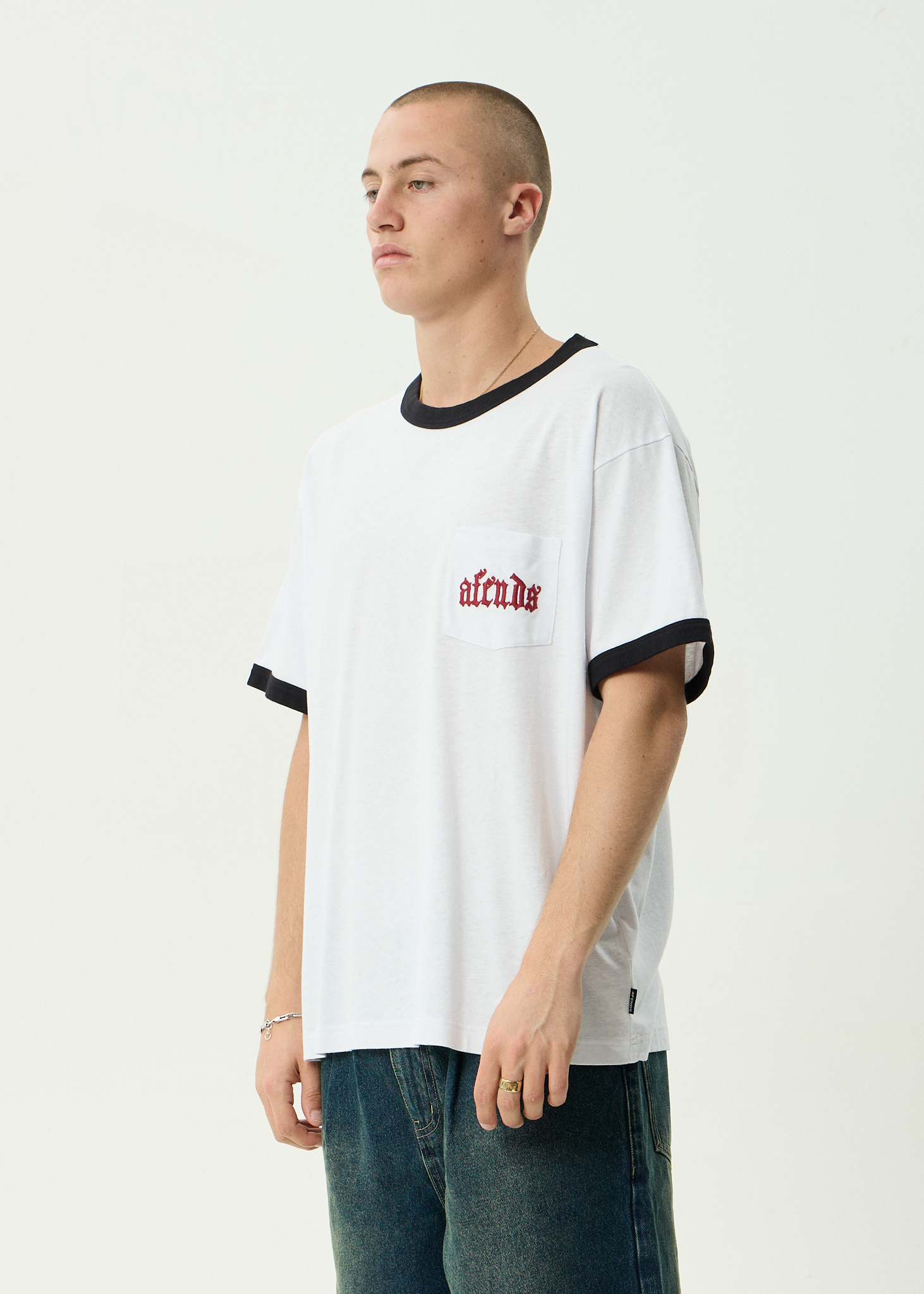 AFENDS Mens Drop Zone - Hemp Boxy Ringer Fit Tee - White