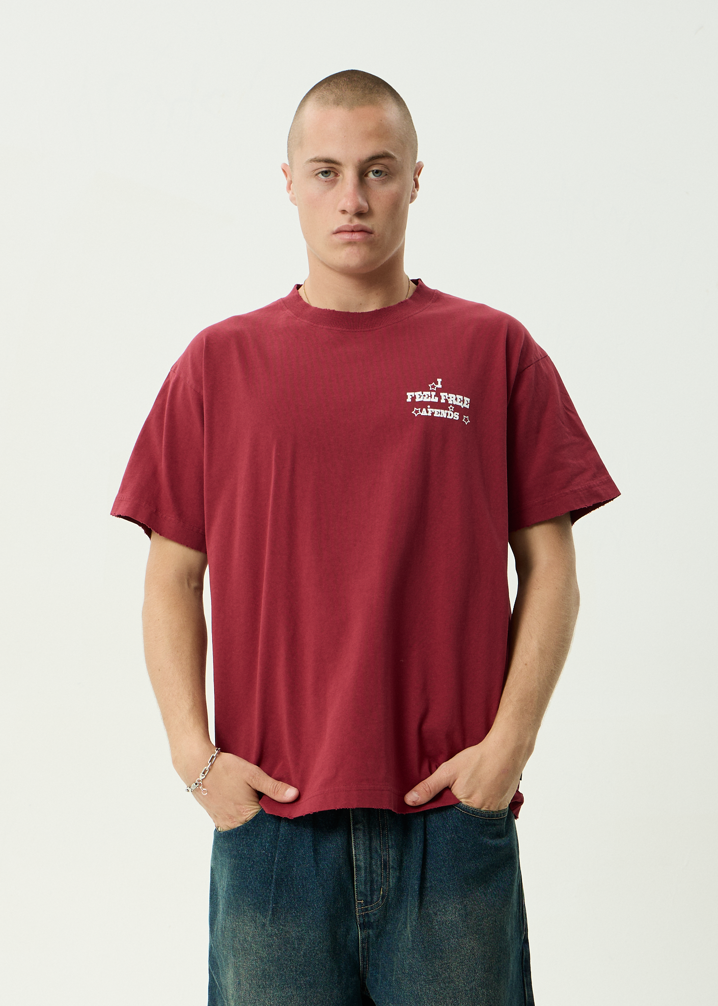 AFENDS Mens Sonoran - Recycled Boxy Fit Tee - Washed Burgundy