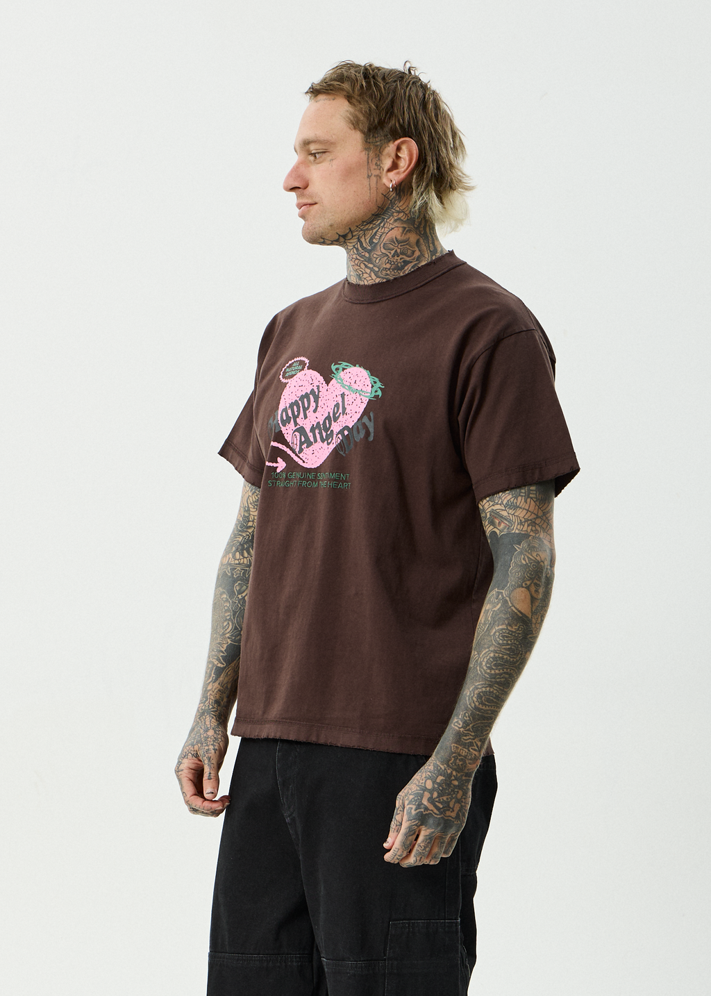 AFENDS Mens Genuine Sentiment - Recycled Heavyweight Boxy Fit Tee - Washed Coffee