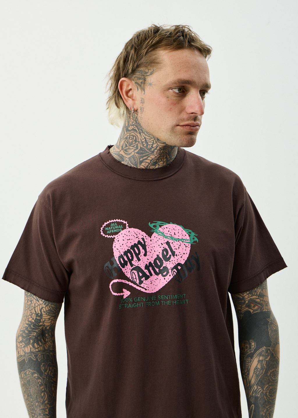 AFENDS Mens Genuine Sentiment - Recycled Heavyweight Boxy Fit Tee - Washed Coffee