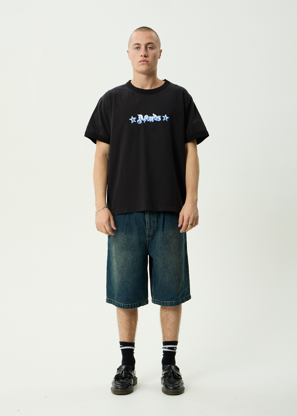 AFENDS Mens Created - Heavyweight Boxy Ringer Tee - Stone Black