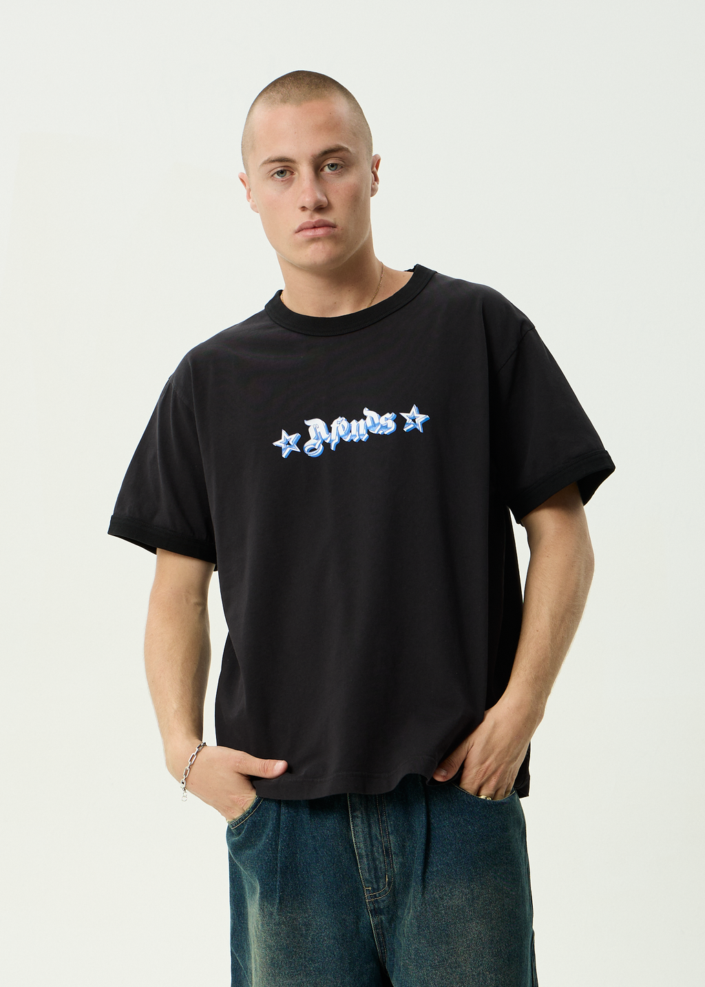 AFENDS Mens Created - Heavyweight Boxy Ringer Tee - Stone Black